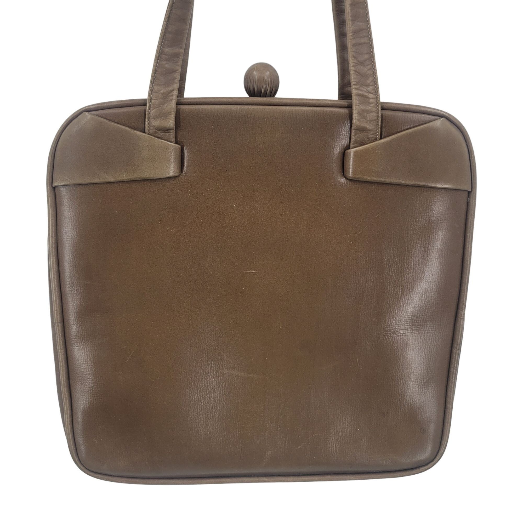 Vintage 60s 50s Brown Leather Handbag Framed Square Top Handle Size ONE SIZE - 2 Thumbnail