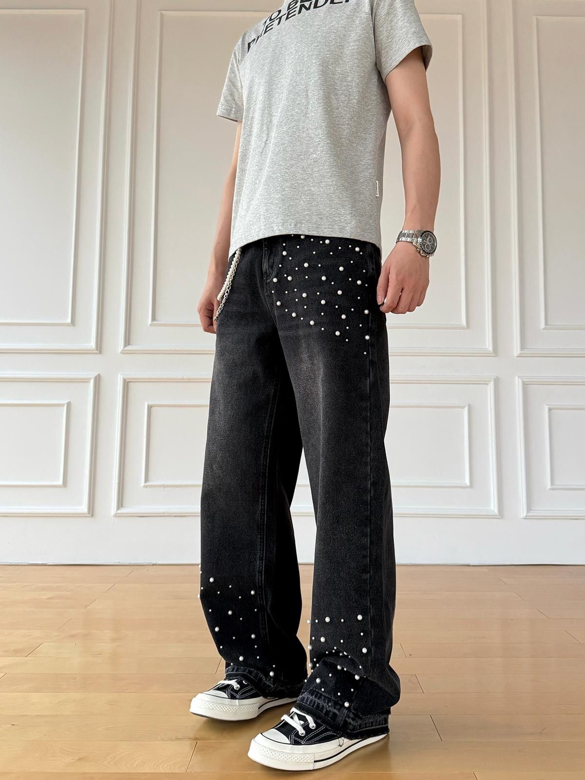 Other Distressed Wide Leg Jeans with Pearl Studs Size ONE SIZE - 1 Thumbnail