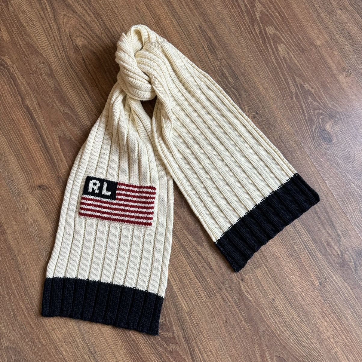 Polo Ralph Lauren × Ralph Lauren Vintage Polo Ralph Lauren Flag Knit Scarf White/Blue 90s Size ONE SIZE - 1 Thumbnail