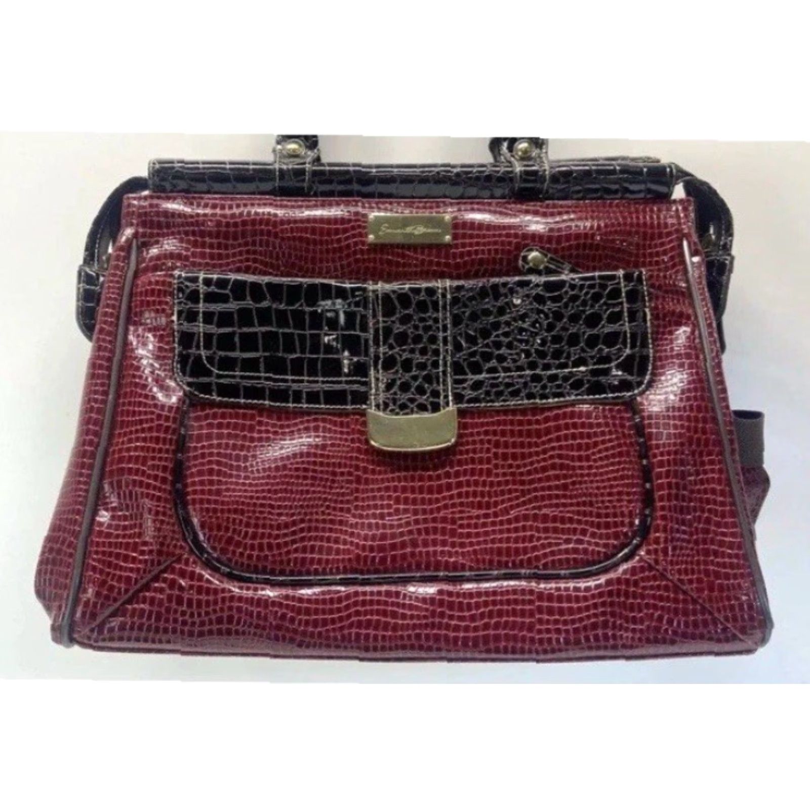 Vintage Women Samantha Brown Crocodile Embossed Burgundy/Black Purse Midi HandBag Strap Tote Medium Red Lining Hardware Faux Leather Womens Size ONE SIZE - 3 Thumbnail