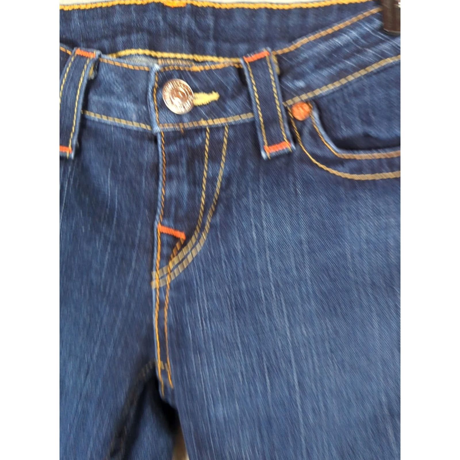 True Religion VINTAGE True Religion Jeans 5-Pocket Regular Bootcut Blue Women 29 Dark Wash Cotton Elastane Belt Loops Zip Pocket Design American Theme Size 29" - 3 Thumbnail