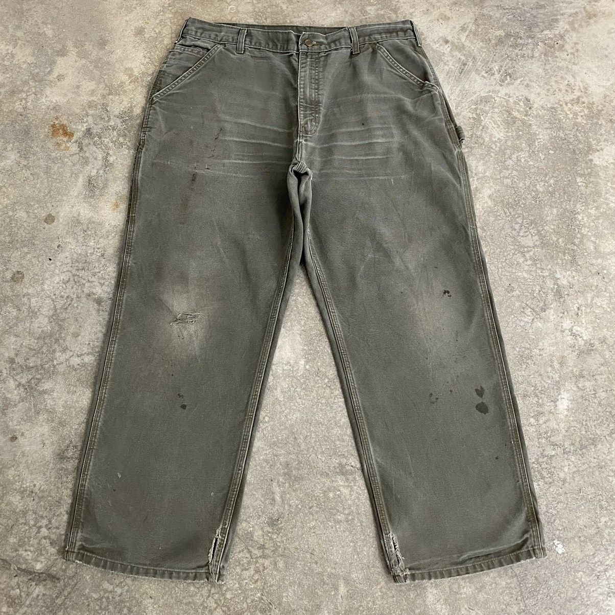Carhartt VTG Carhartt Faded Moss Green Ripped Carpenter Pants Size US 37 - 2 Thumbnail