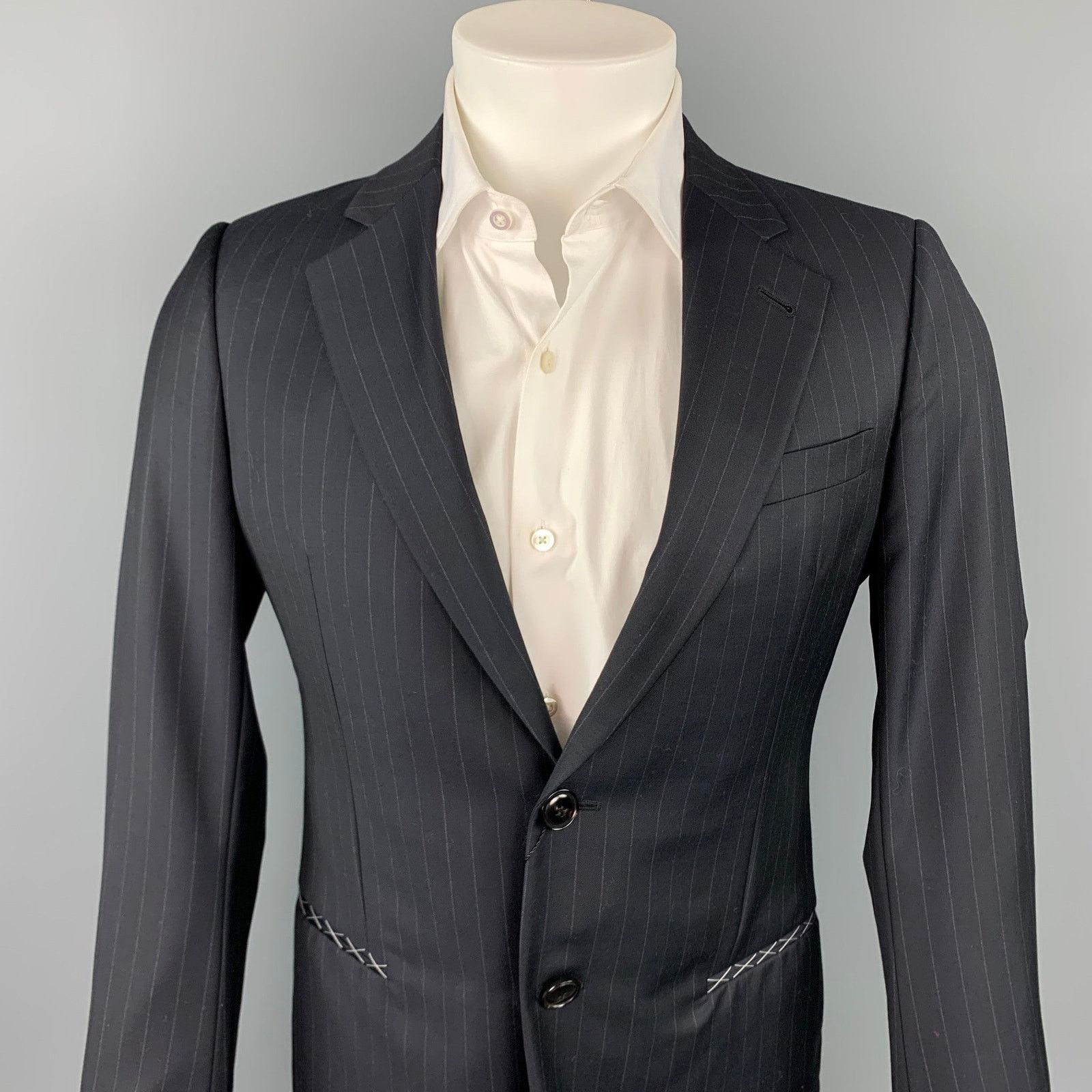 Giorgio Armani Size 36 Regular Navy Chalkstripe Wool Sport Coat Size 36R - 2 Thumbnail