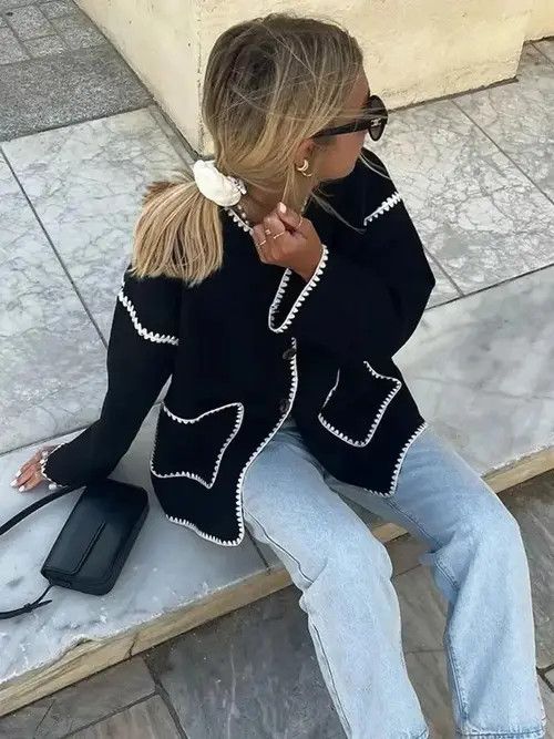 image of Vintage Chic Pocket Patchwork Knitting Crop Jackets in Black, Women's