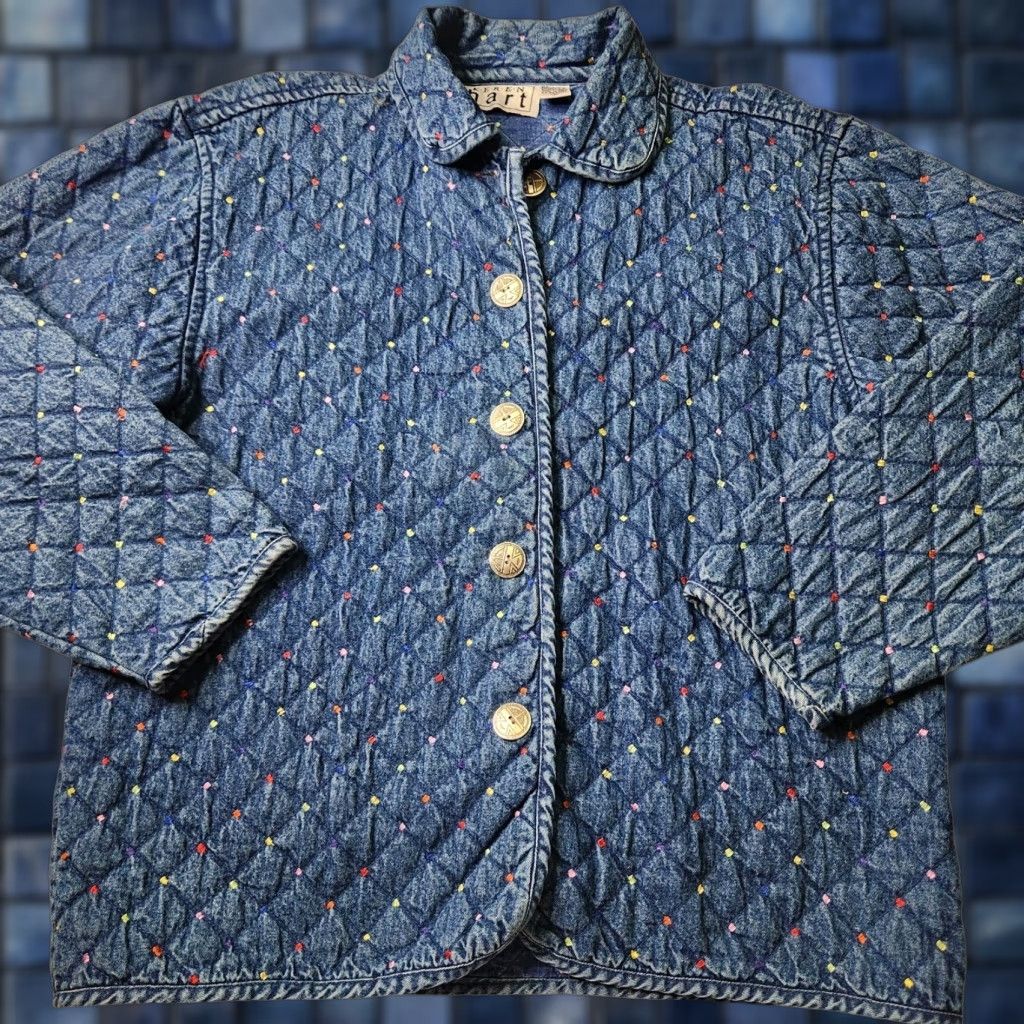 VINTAGE Keren Hart Denim Jacket Quilted Embroidered Dots Sz L Woman
