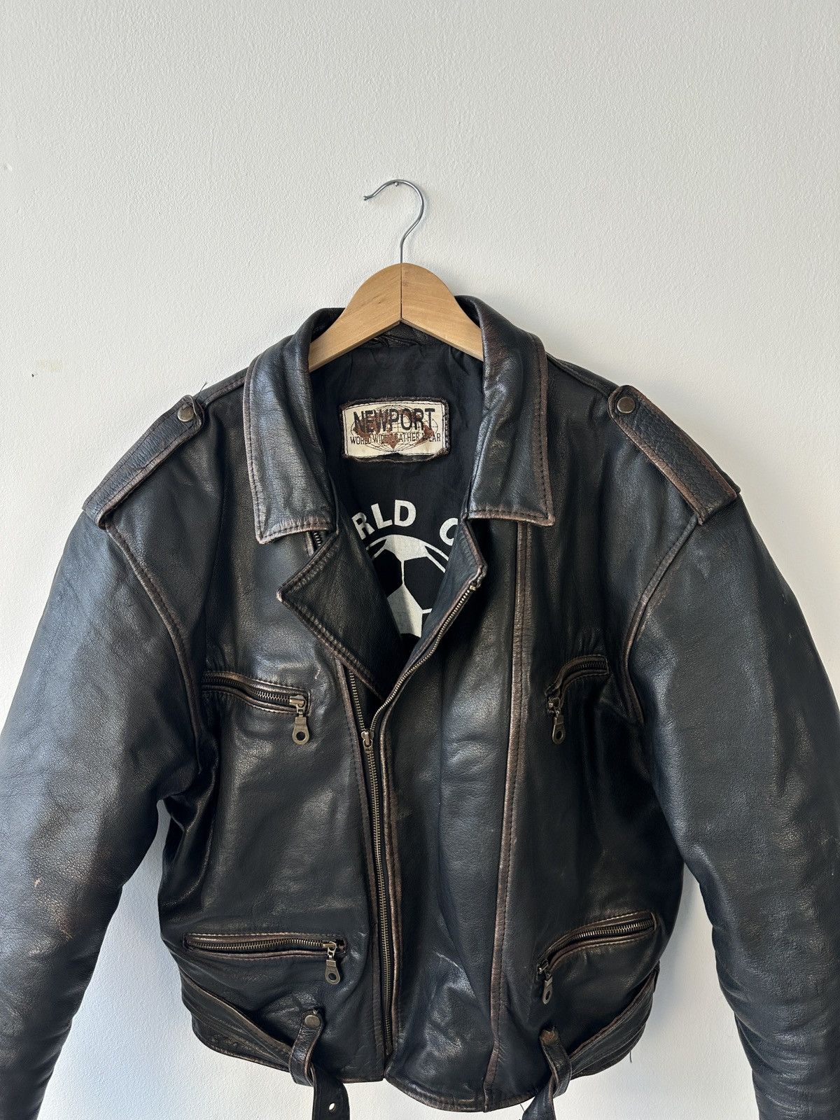 Leather RARE Newport World Cup 1994 Leather Biker Jacket Distressed Size US XL / EU 56 / 4 - 5 Thumbnail