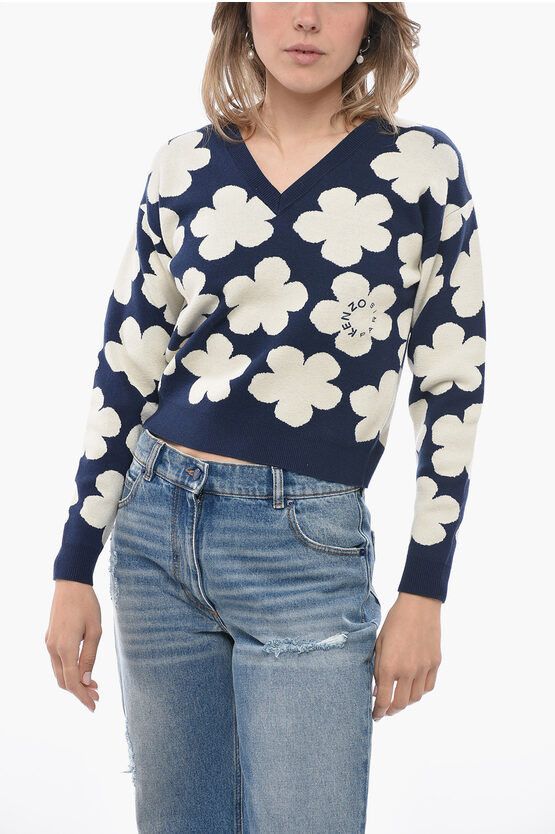 image of Kenzo Jacquard Wool Blend Sweater With Floral Motif in Blue, Women's (Size XS)