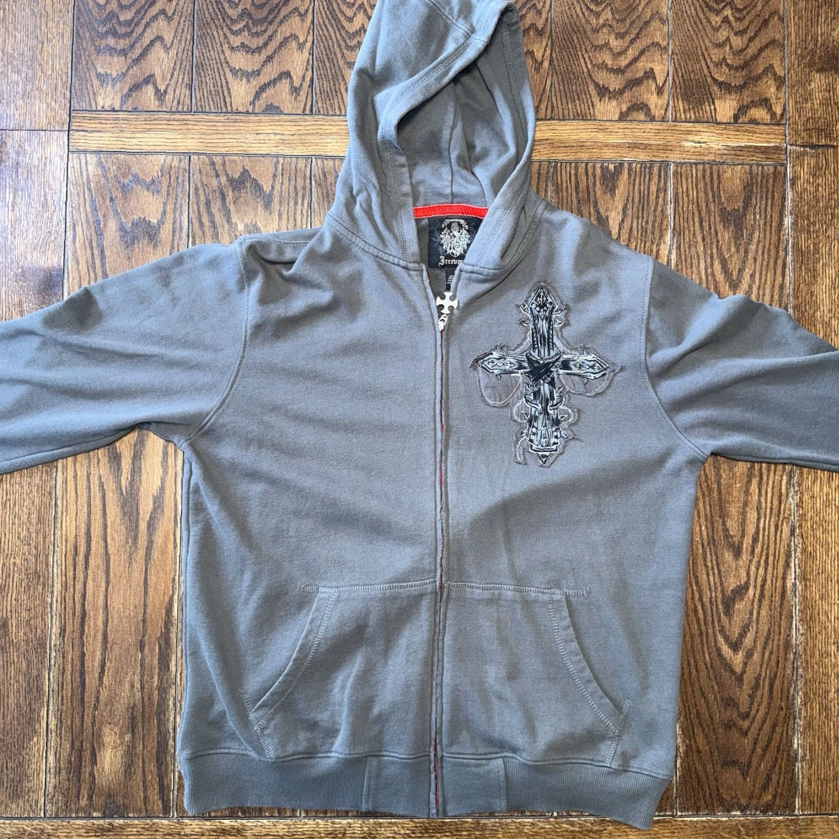 Vintage Irreverent Hoodie Mens Large Gray Gothic Cross Grunge Full Zip Y2K Size US L / EU 52-54 / 3 - 3 Thumbnail