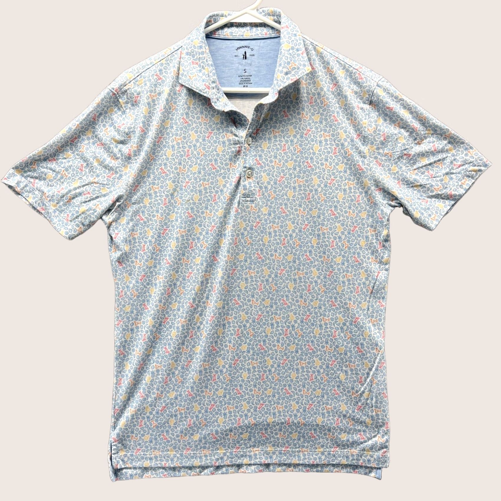 johnnie-O johnnie-O Polo Shirt Mens Small Blue Top Shelf Tropical Print Golf UPF 50 UV 83% polyester 11% Tencel lyocell 6% spandex Size US S / EU 44-46 / 1 - 1 Thumbnail