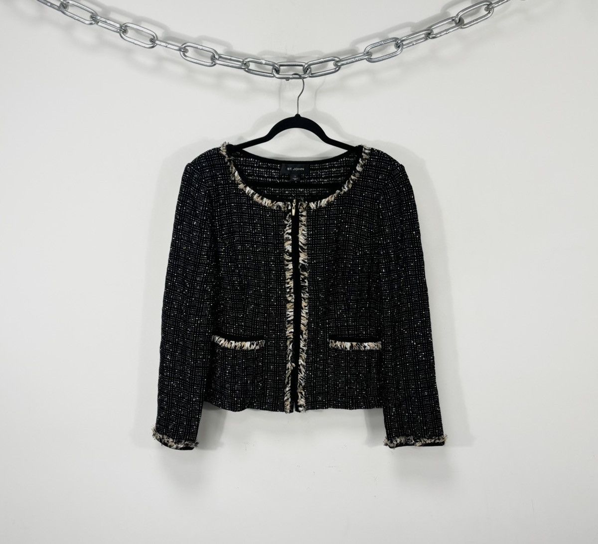 St. John Women’s Black Boucle Evening Zip Tweed Jacket