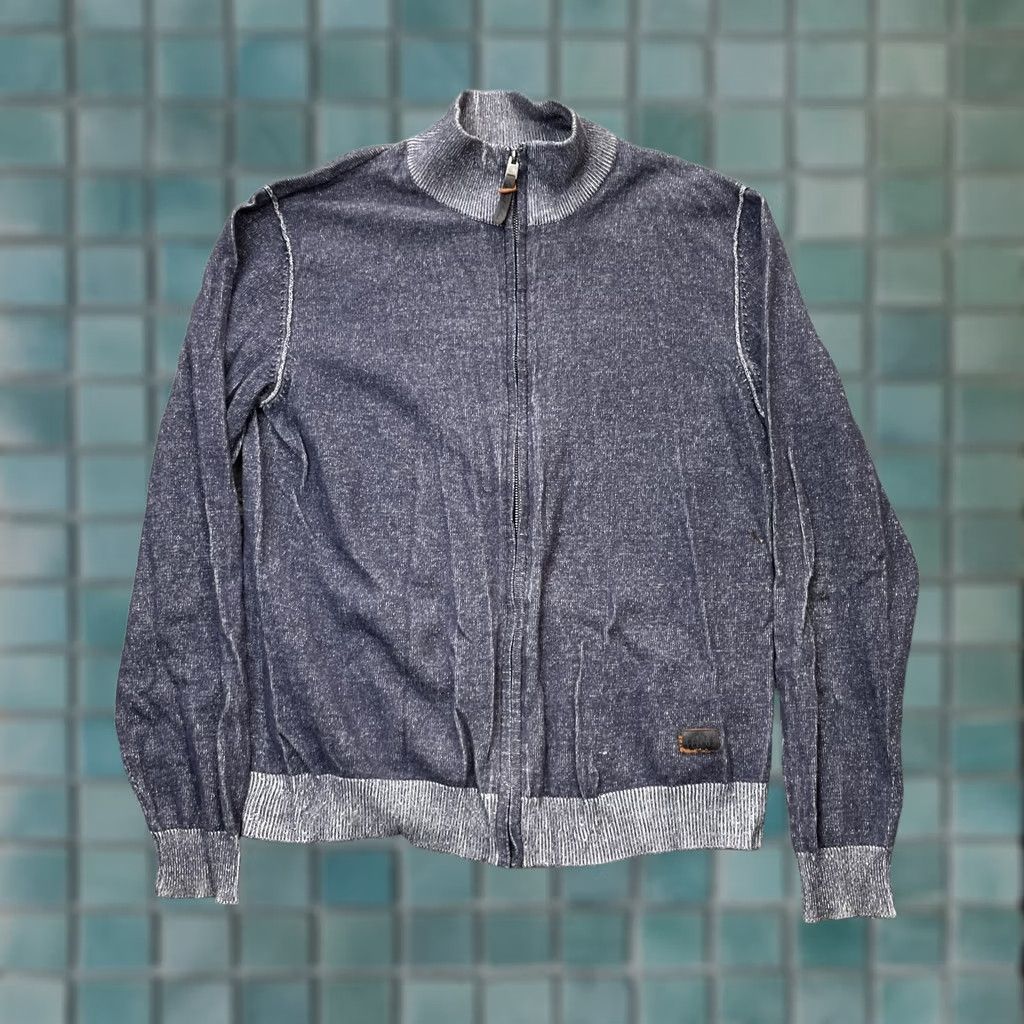 Vintage Charles Voegele Sweater Cardigan Mens Medium Blue Full Zip Cotton Knit Mock Neck Casual Winter Fall Spring Size US M / EU 48-50 / 2 - 1 Thumbnail