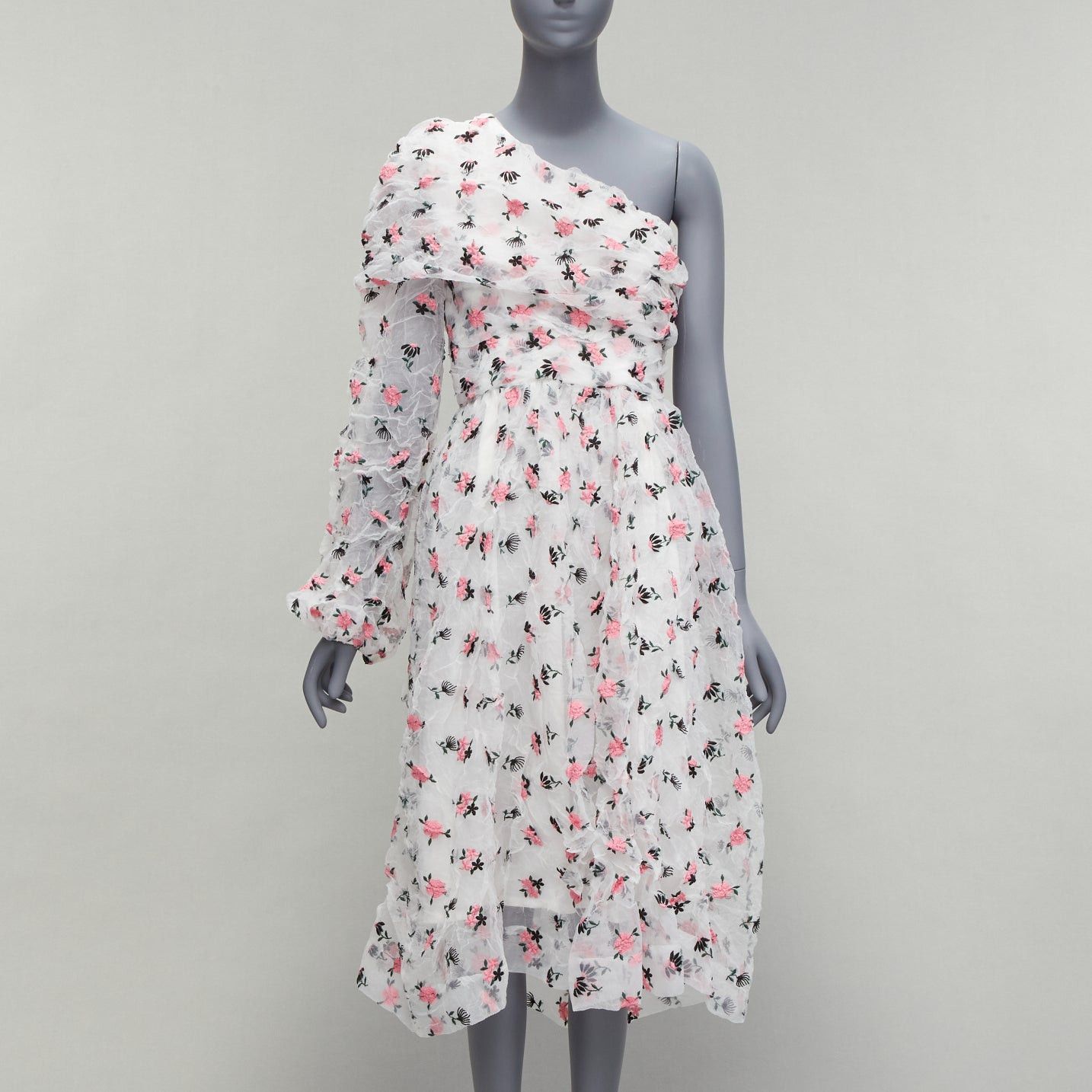 ANAIS JOURDEN ANAIS JOURDEN white pink crinkle floral embroidery asymmetric sleeves midi dress FR38 M Size M / US 6-8 / IT 42-44 - 1 Thumbnail