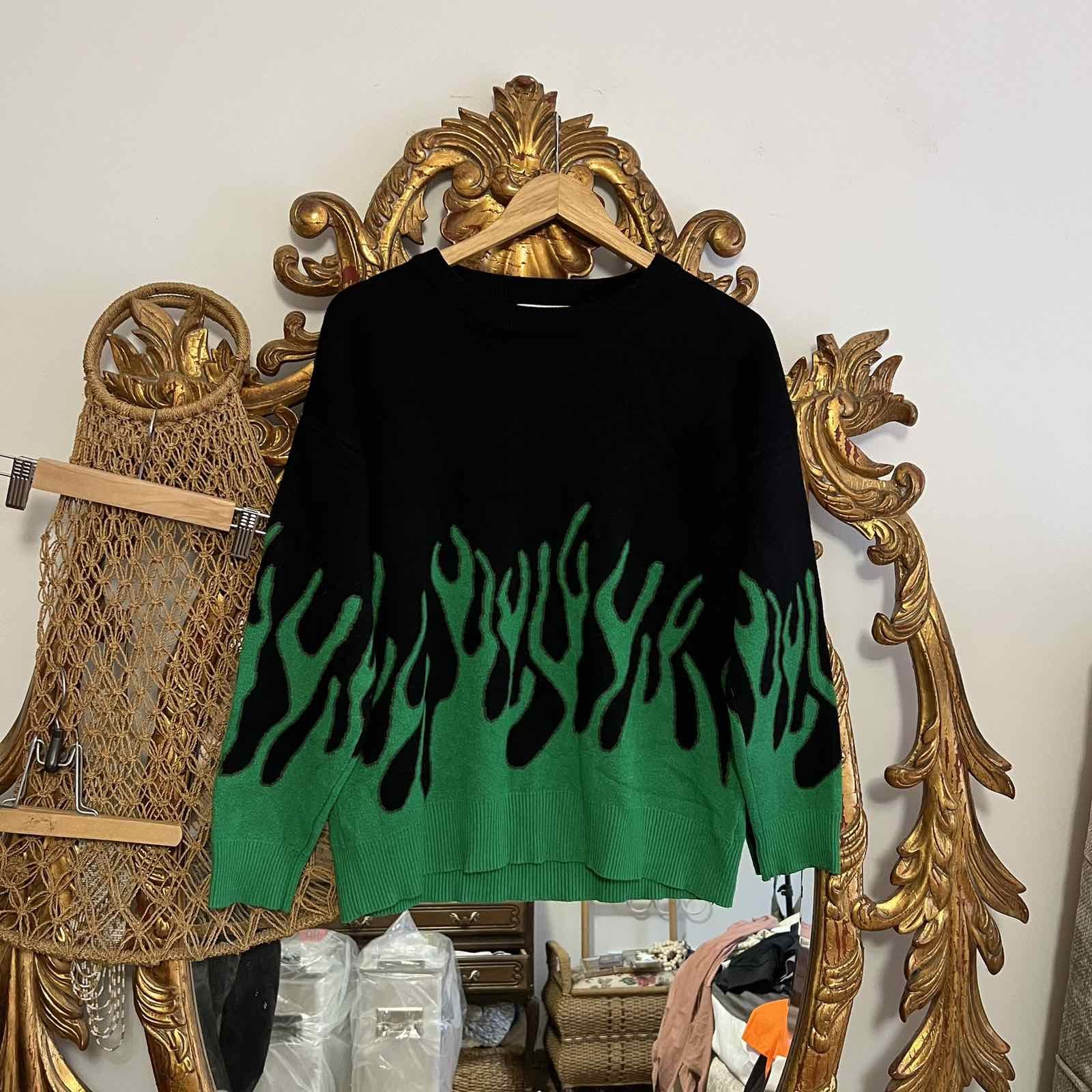 Vintage Vintage Y2K Japanese Style Green Flame Fire Knit Sweater Size US S / EU 44-46 / 1 - 1 Thumbnail