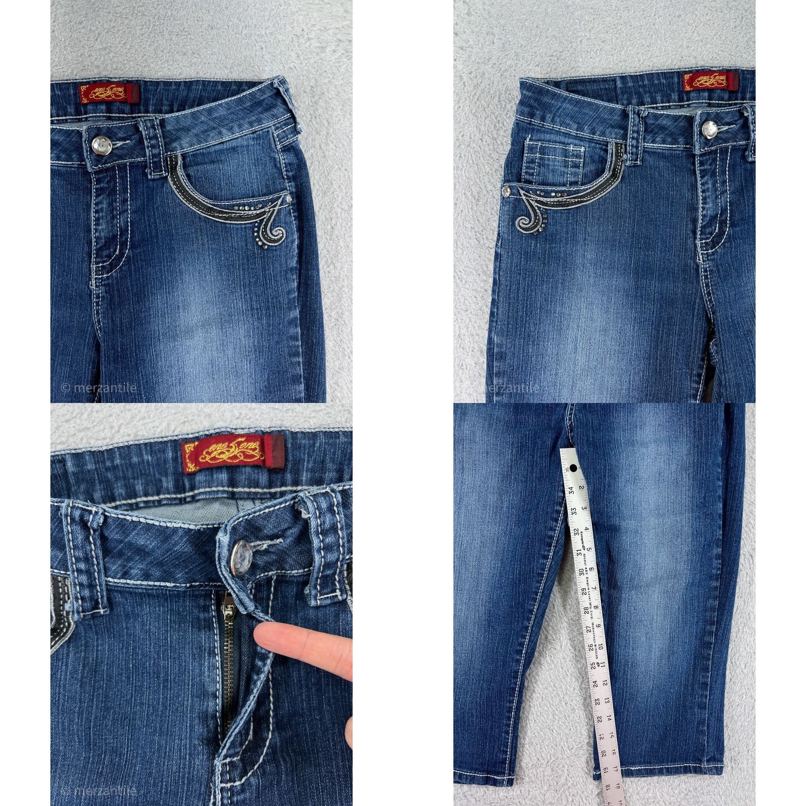 Vintage One 5 One Womens Jeans Capri 10 Blue Denim Embroidered Bling Cotton Blend Size 32" / US 10 / IT 46 - 8 Thumbnail