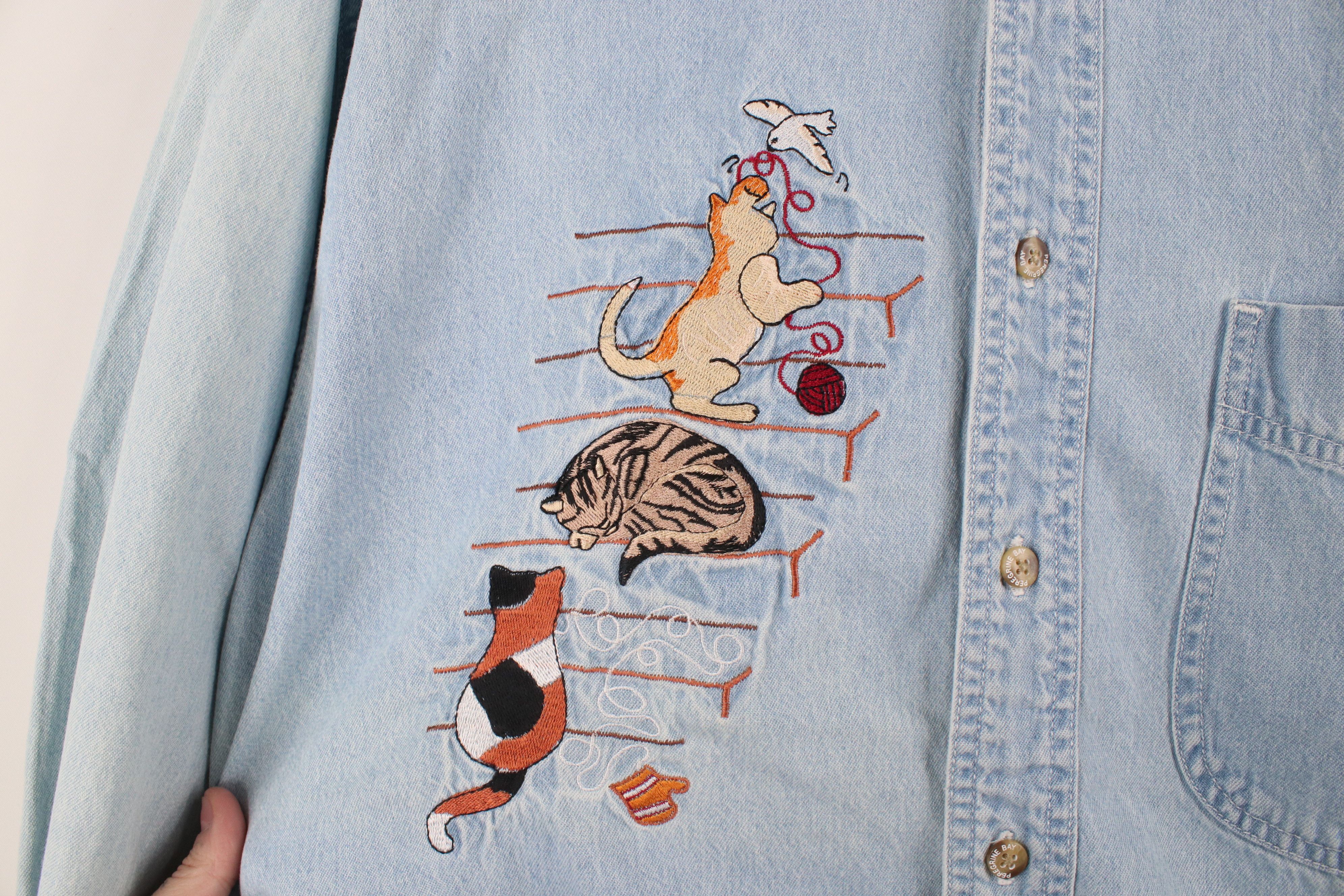 Vintage Vintage 90s Streetwear Cat Kitten Denim Jean Button Shirt Size L / US 10 / IT 46 - 6 Thumbnail