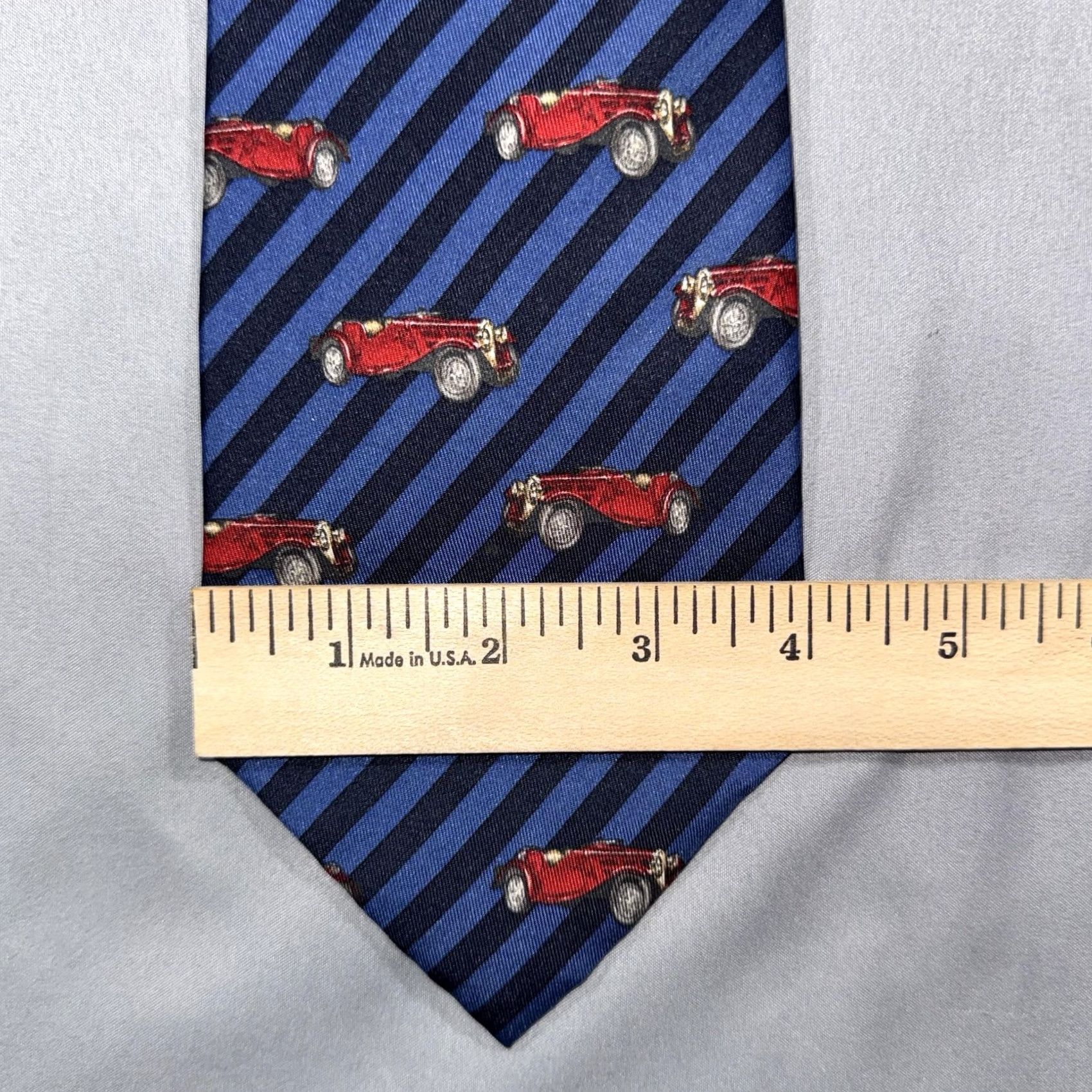 Polo Ralph Lauren VINTAGE Polo by Ralph Lauren Tie Men One Size Blue Striped Silk Car Motif Historic 100% Silk Size ONE SIZE - 3 Thumbnail