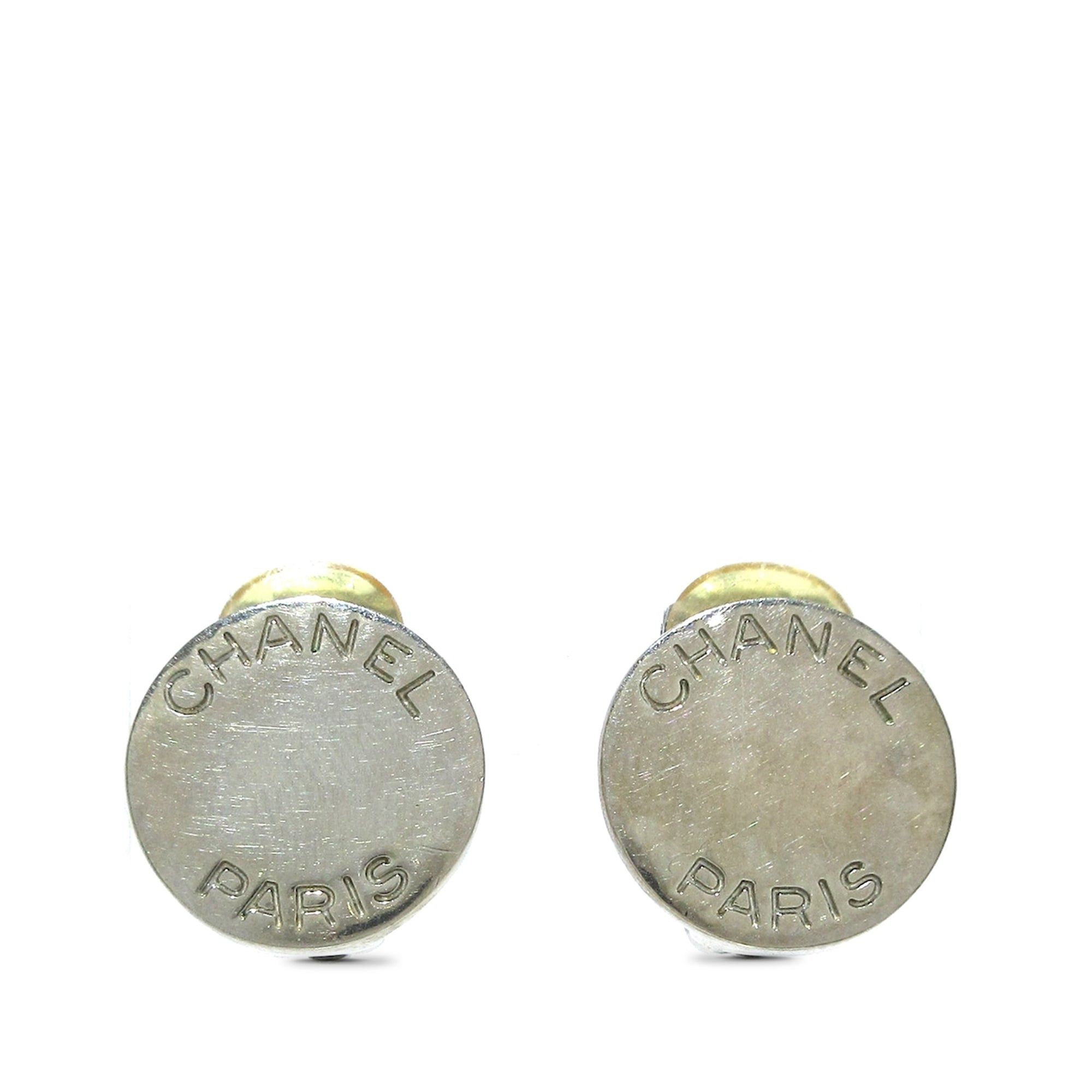 image of Chanel Round Logo Clip On Earrings Costume Earrings in Silver, Women's