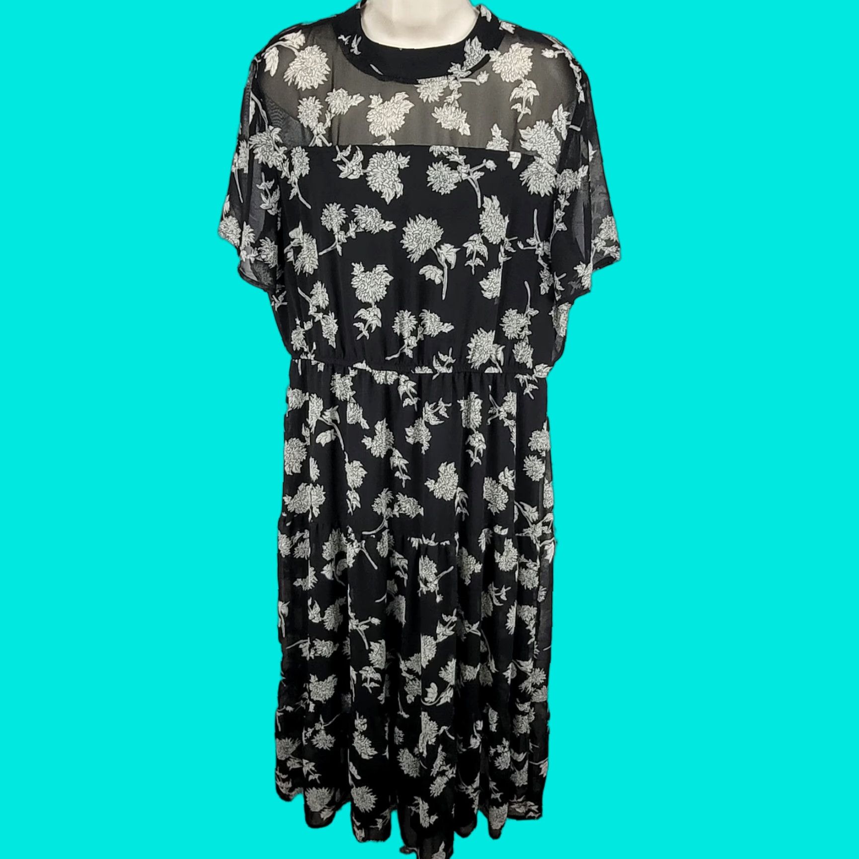 Lulus Lulus Black Floral Chiffon Short Sleeve Lined Tiered Midi Sun Dress XL Size 40" / US 18 - 1 Thumbnail