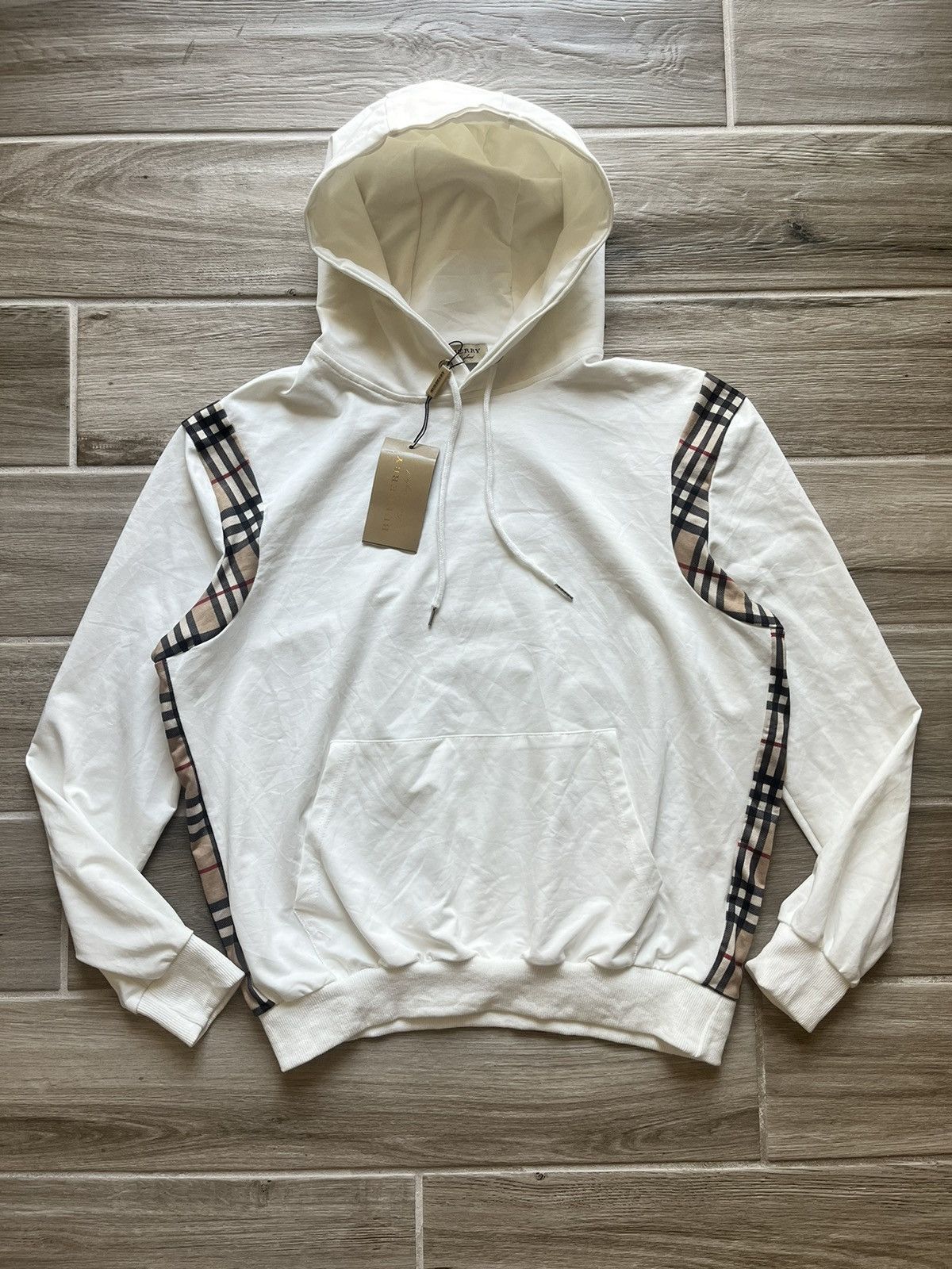 Image of NWT Burberry Check Panel Hoodie Size Large in Beige, Men's