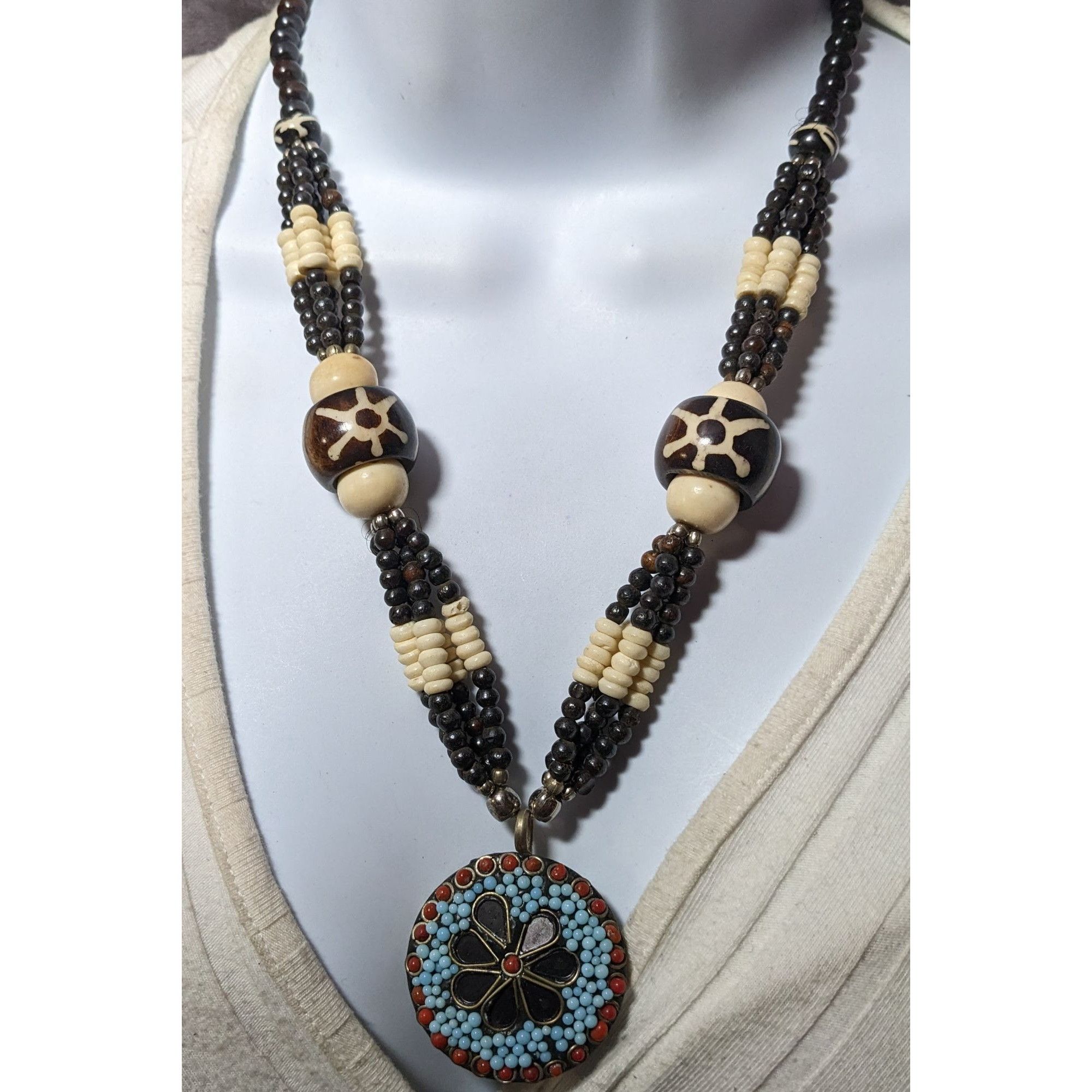 Other Vintage Handmade Beaded Ethnic Wood Metal And Glass Medallio Size ONE SIZE - 2 Thumbnail