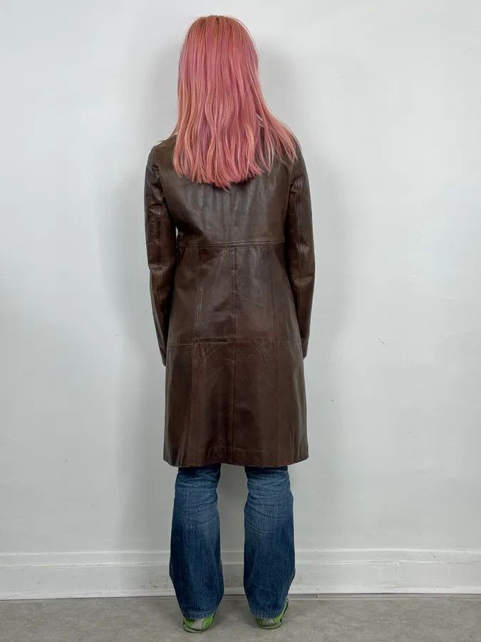 Vintage 2000s Plein Sud Embellished Holes Brown Leather Trench Long Jacket Size XS / US 0-2 / IT 36-38 - 3 Thumbnail