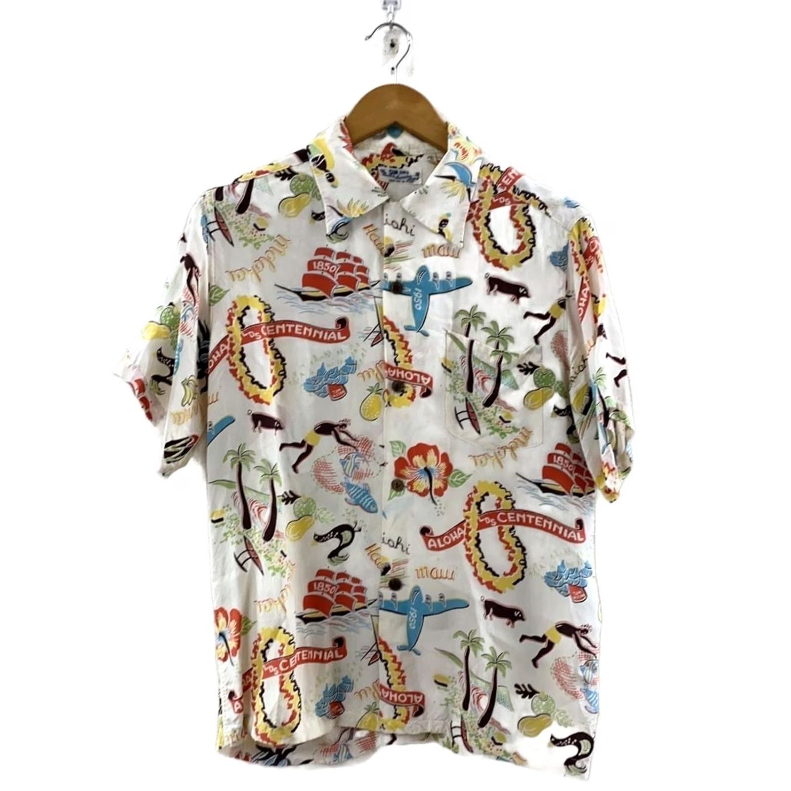 Sun Surf SUN SURF Men's Aloha Shirt White Rayon Size M Button-Up Hawaiian Casual Short Sleeve Flip Print Lei USED Size US M / EU 48-50 / 2 - 2 Thumbnail