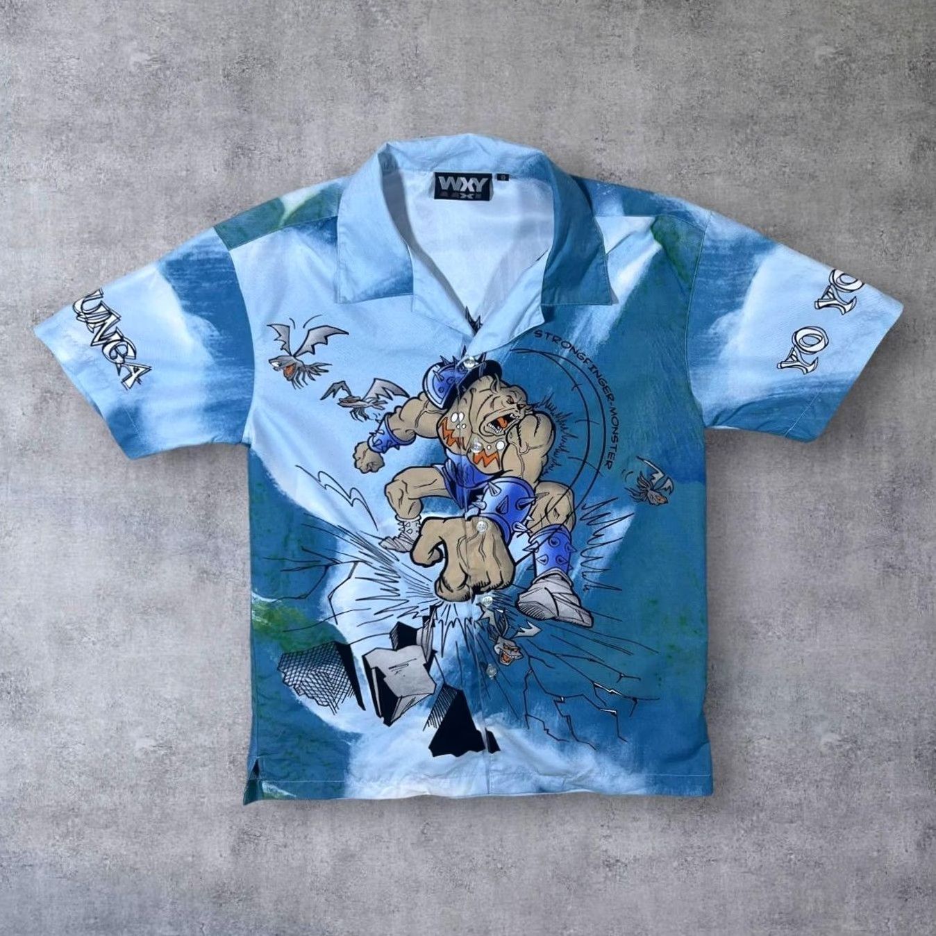 Vintage WXY Monster Anime Manga Graphic Blue Polyester Shirt XS 152, Button-Up, Collared, Regular Fit, Mens, 90s Era Size US XS / EU 42 / 0 - 2 Thumbnail