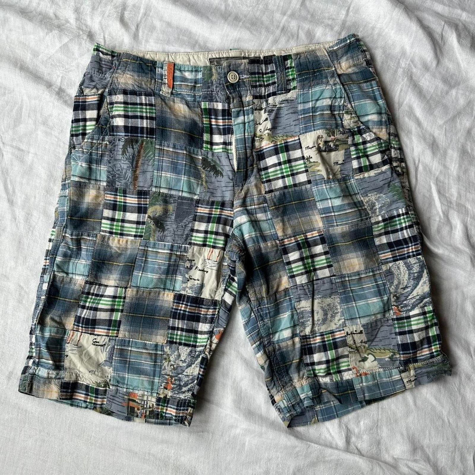 Old Navy × Vintage Vintage Y2K 2000s Old Navy Cream Blue Plaid Baggy Long Short Size US 32 / EU 48 - 5 Thumbnail