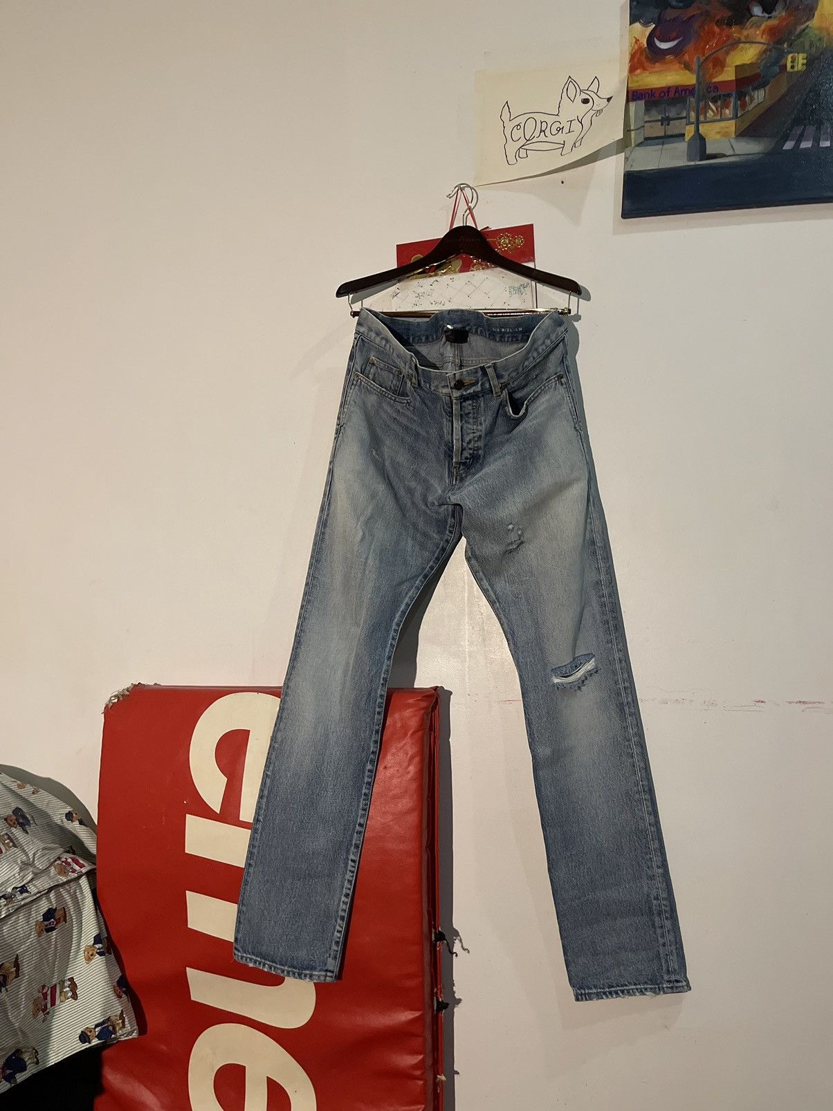 image of Saint Laurent Paris Saint Laurent Slim Fit - Blue Distressed Size 33 Lv Gucci Ysl, Men's