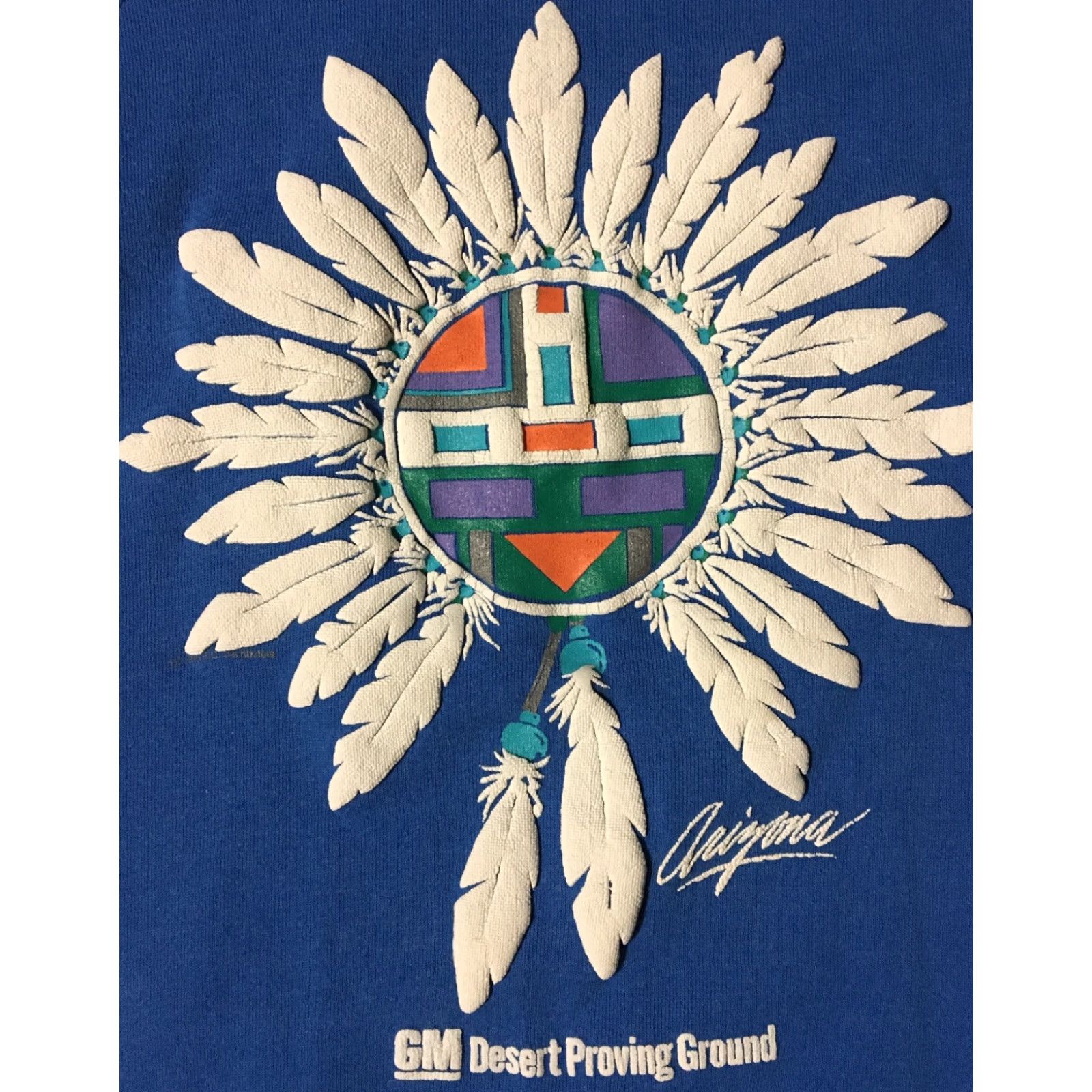 Vintage VINTAGE General Motors Sweatshirt Desert Proving Ground Arizona Native Feather Mask 90s GM Western, Southwestern, Tribal Blue M Size US M / EU 48-50 / 2 - 2 Thumbnail