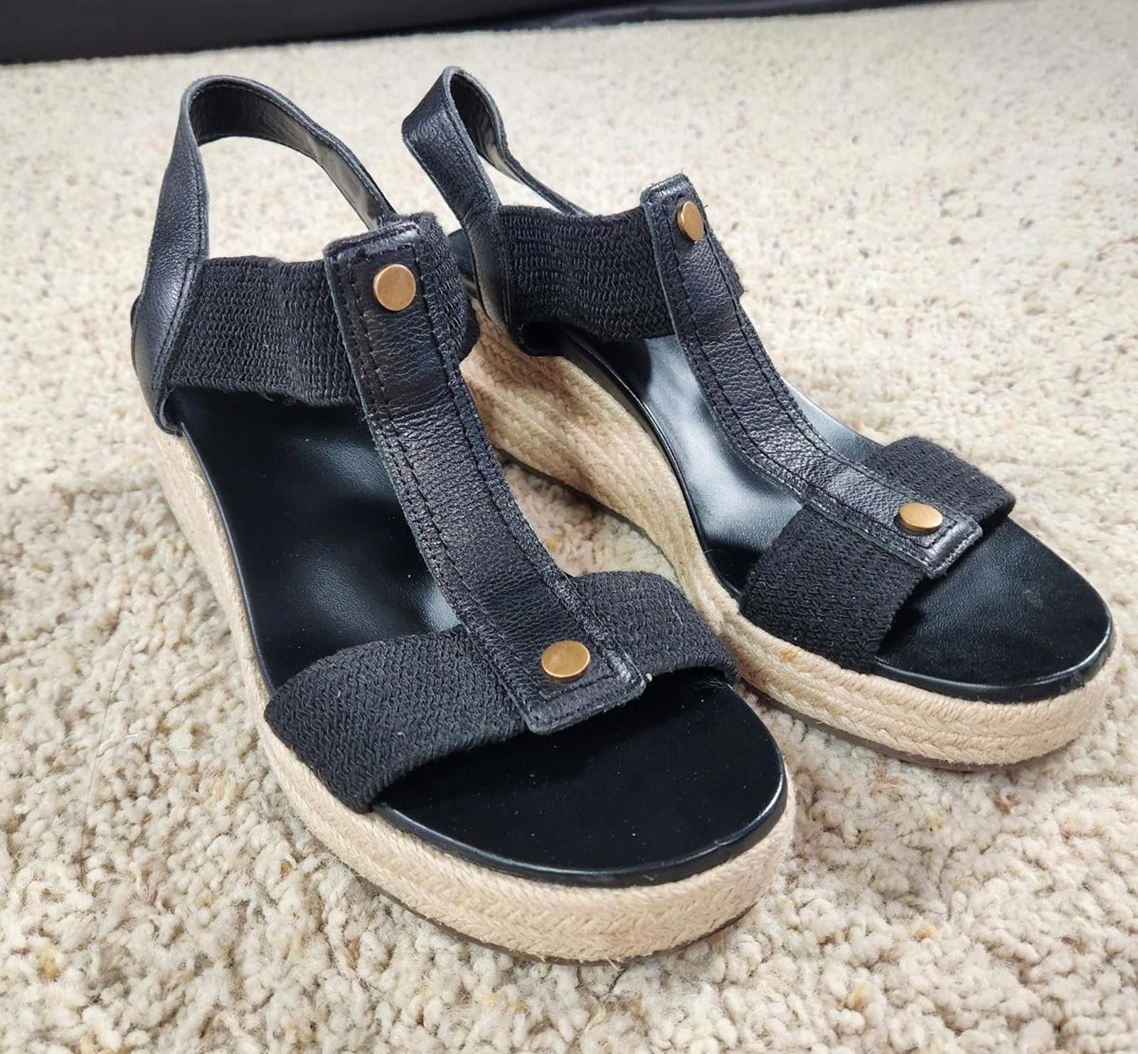 NEW Vionic Calera Black Leather Espadrille Wedges Size 9