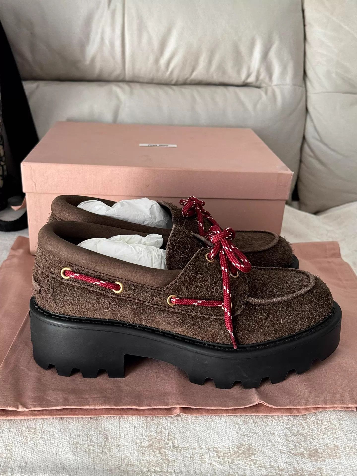 Miu Miu MIU MIU Women's 24FW Brown Suede Lace-up Platform Loafer Size US 8 / IT 38 - 3 Thumbnail