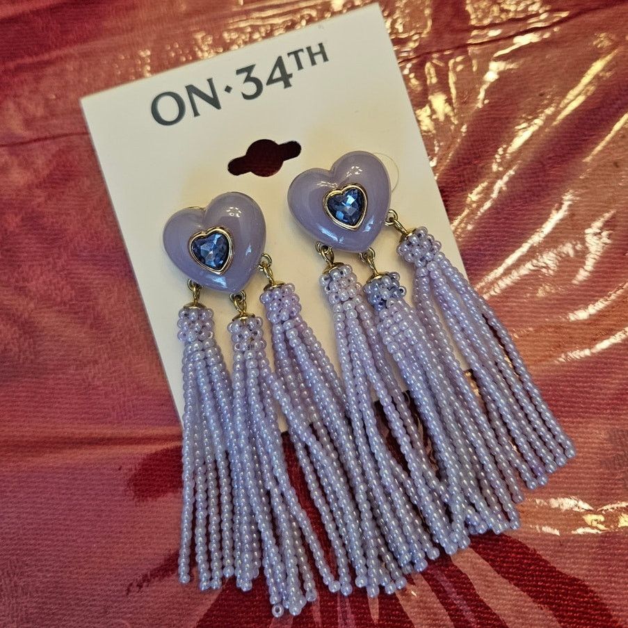 Other ON 34th Crystal Heart Earrings w/ Purple Beaded Fringe Size ONE SIZE - 3 Thumbnail