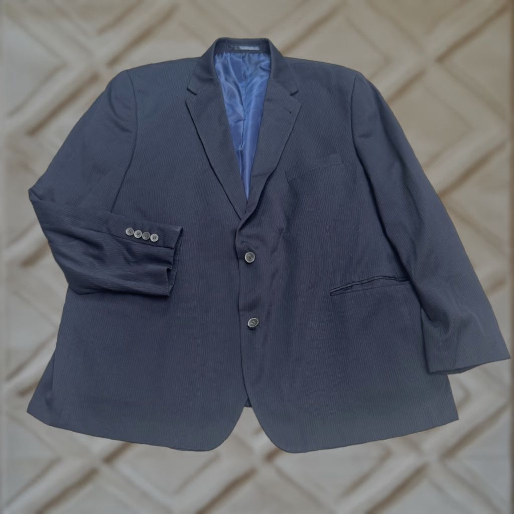 Vintage Canda Blazer Jacket Men 46S Navy Blue Pinstriped Wool-Blend Single-Breasted Notch Lapel Regular Fit Workwear Tailored Professional Mens Size US 30 / EU 46 - 1 Thumbnail