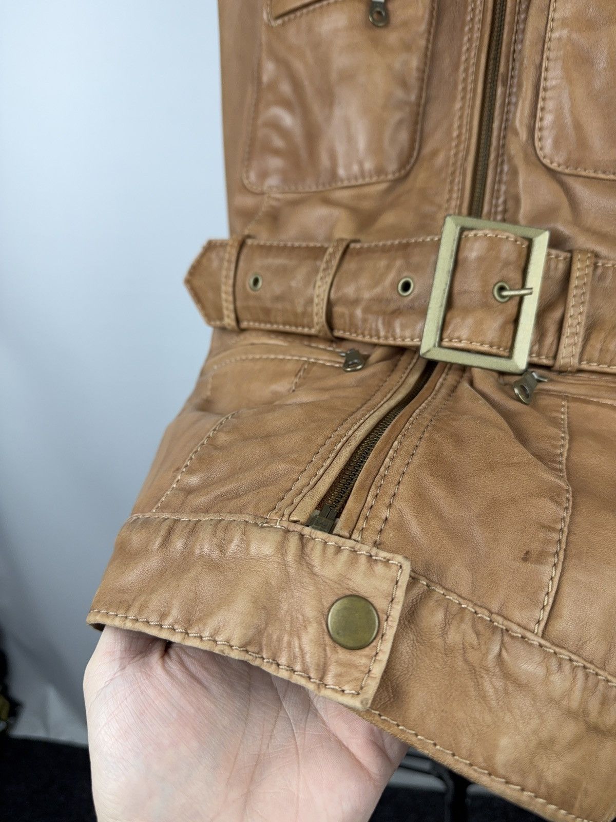 Japanese Brand 00s Leather Safari Biker Moto Jacket Tan Brown Vintage Size M / US 6-8 / IT 42-44 - 7 Thumbnail
