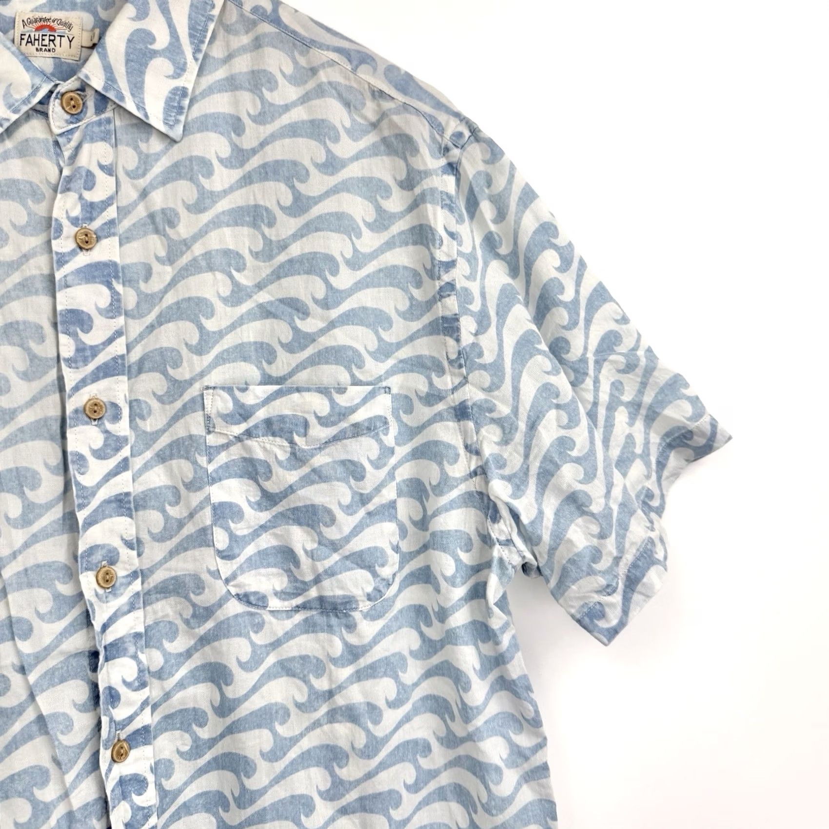 Faherty Faherty Mens Large Button Down Short Sleeve Shirt Indigo Dyed Tidal Waves Cotton Floral Pattern Indigo/Blue Vintage: No Size US L / EU 52-54 / 3 - 4 Thumbnail