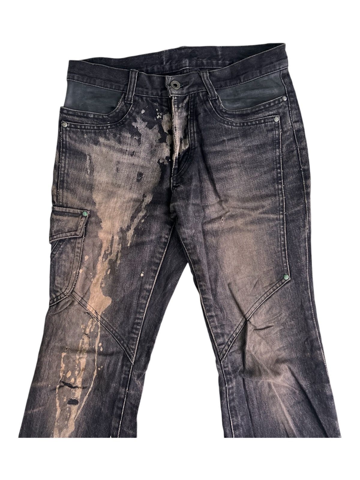 5351 POUR LES HOMMES Y2K Super Flare Dirty Bleach Leather Cargo Mud Wash Jeans Size US 28 / EU 44 - 7 Thumbnail