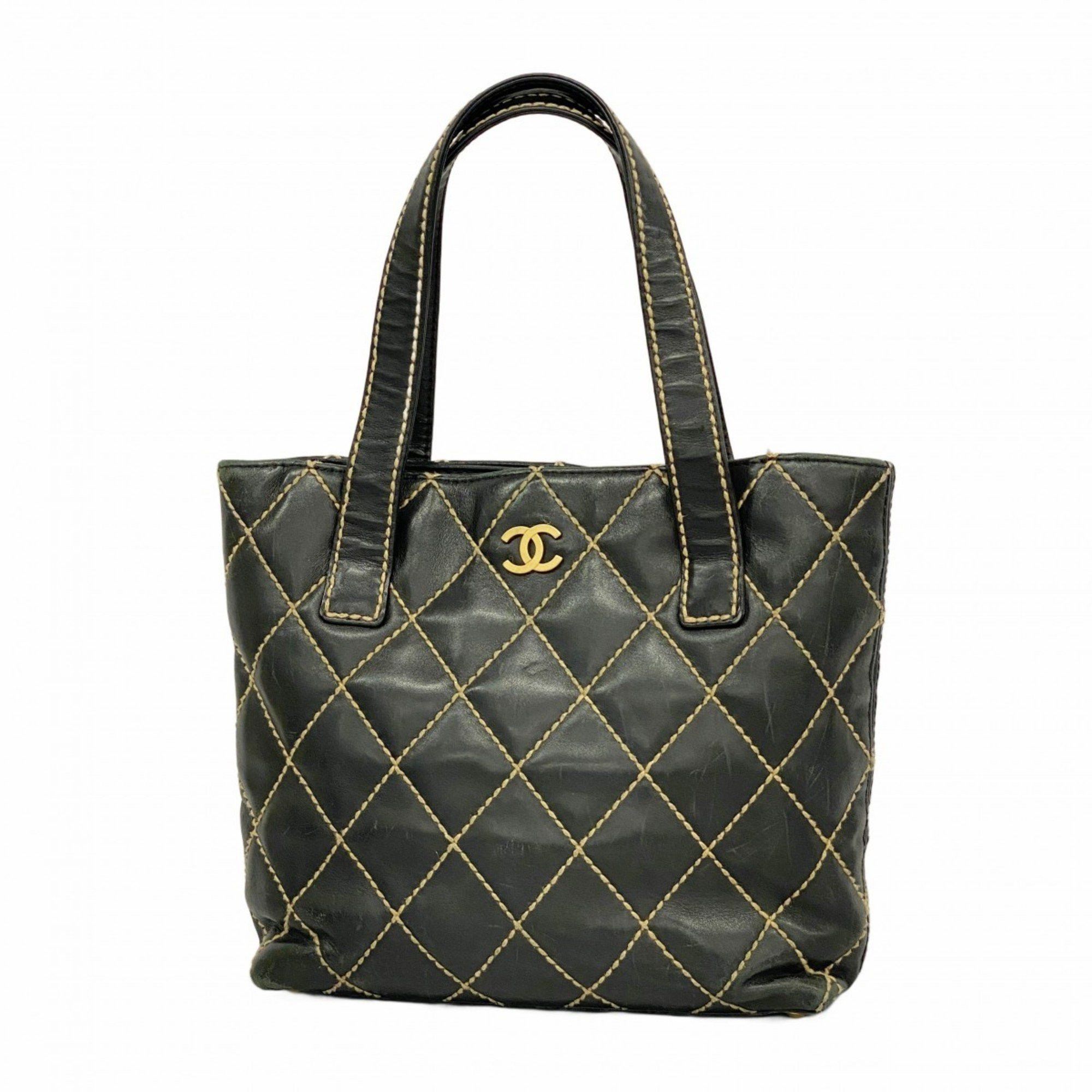 Chanel Tote Bag Wild Stitch Lambskin Black Women's
