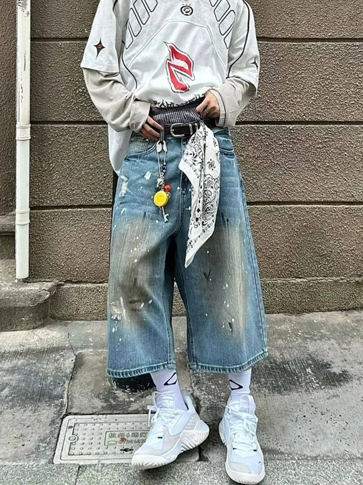 Jean Paint-Splash Stain-Dye Wide-Leg Denim Short | Ink Splatter Size US 32 / EU 48 - 1 Thumbnail