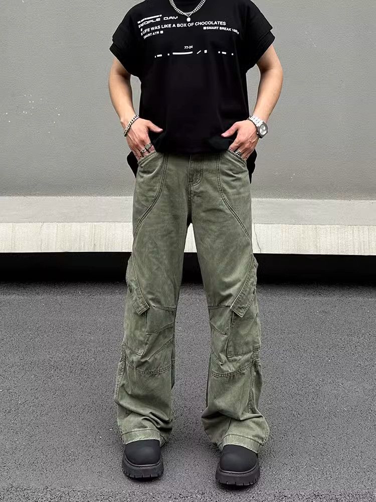 Japanese Brand Y2K Streetwear Multi-pocket Army Green Baggy Jeans Size US 31 - 1 Thumbnail