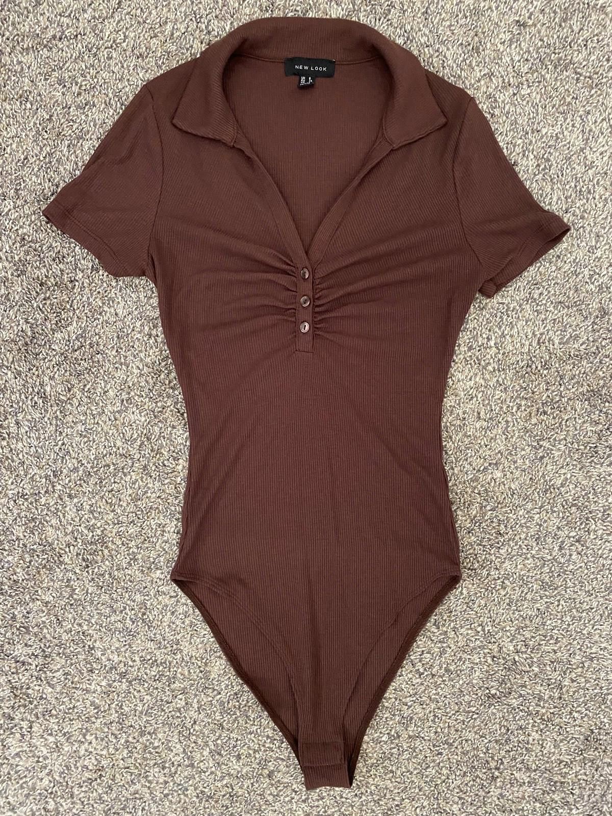 New Look NEW LOOK Collard Button Ruched Bodysuit in Dark Brown (US 2) Size XS / US 0-2 / IT 36-38 - 2 Thumbnail