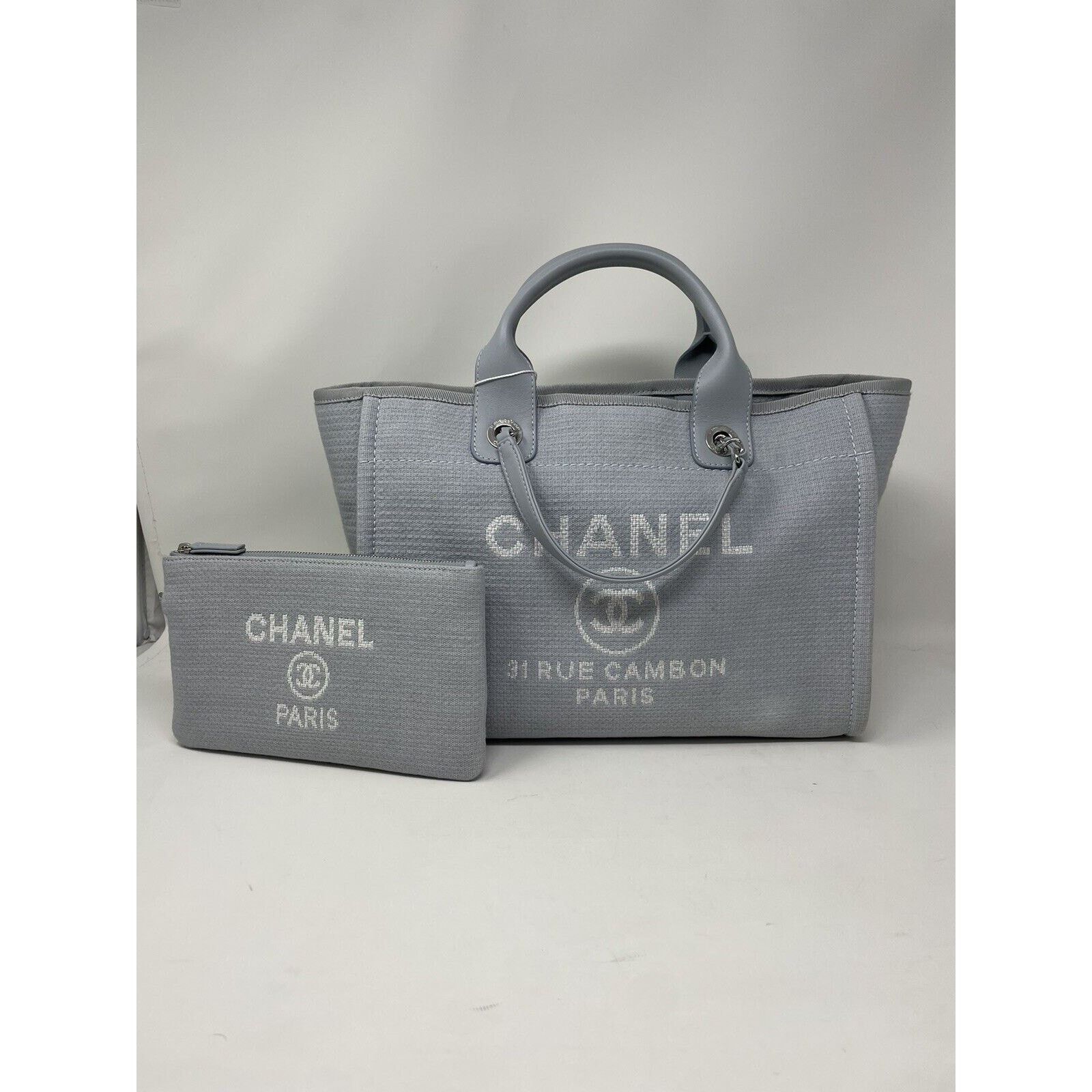 22S CHANEL Deauville Small Grey Blue mixed Fibers Tote Bag