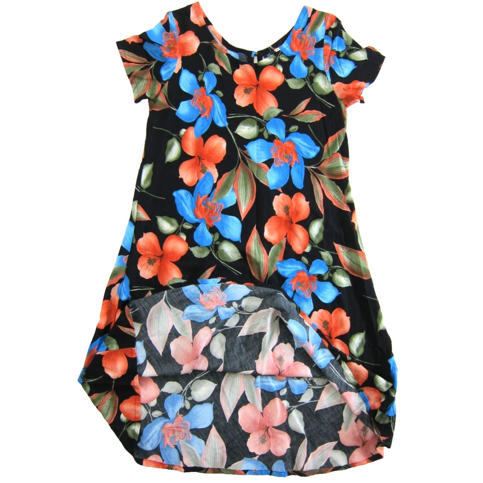 Vintage Hibiscus Collection Hawaii Rayon Black Orange Blue Short Sleeve Shift Dress M Size 32" / US 10 / IT 46 - 5 Thumbnail