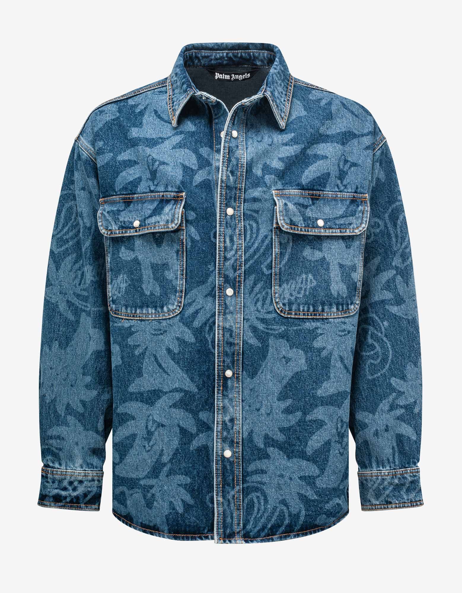 image of Palm Angels Blue Palmity All-Over Laser Denim Shirt, Men's (Size Medium)