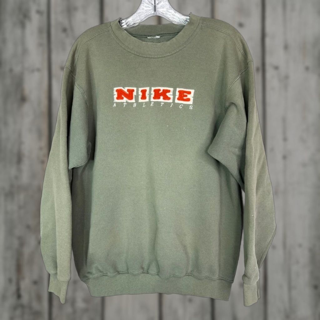 Nike VINTAGE Nike Center Fuzzy Spellout Olive Green Crew Sweatshirt Hoodie Mens M Size US M / EU 48-50 / 2 - 1 Thumbnail
