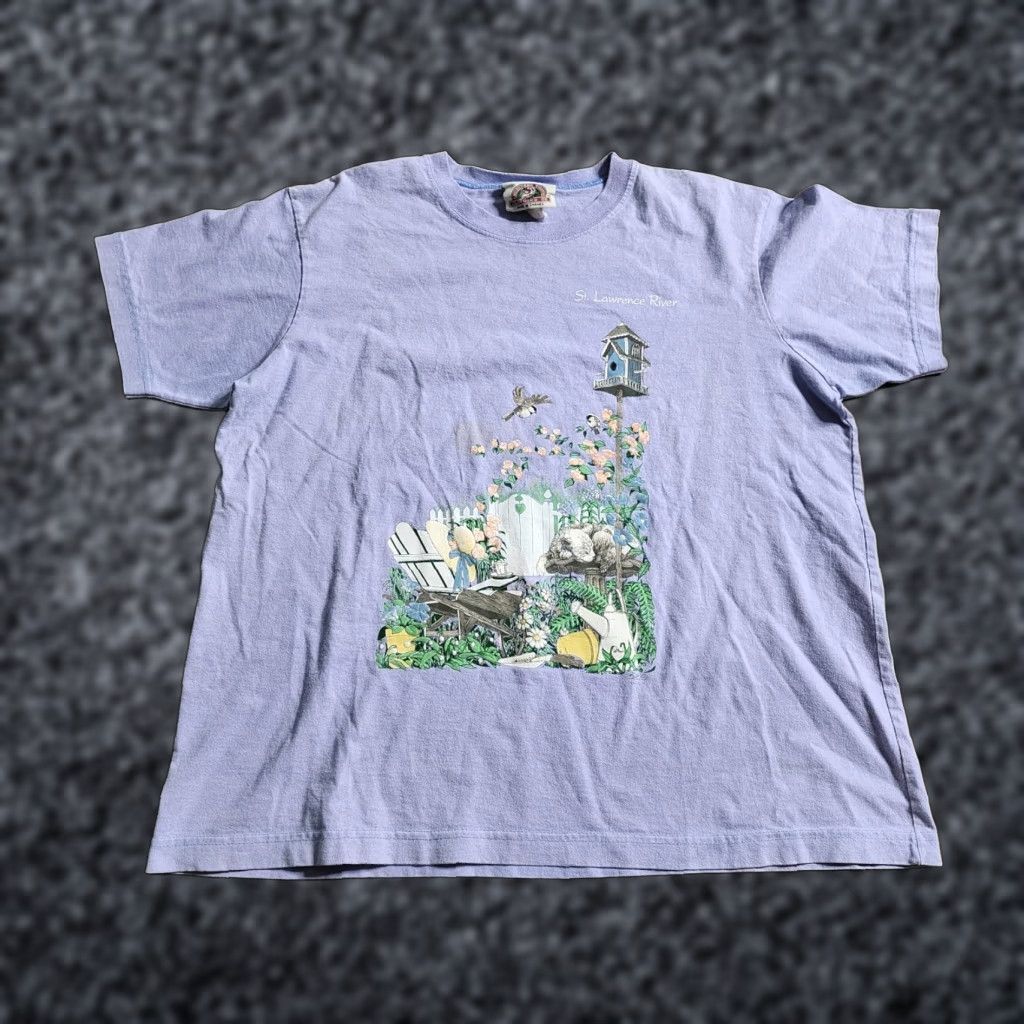 Vintage VINTAGE St. Lawrence River Flowers T Shirt Northern Woods Unisex Adults XL Crew Neck Purple Cotton Distressed Slim Short Sleeve Canada Rivers 90s? Size US XL / EU 56 / 4 - 1 Thumbnail