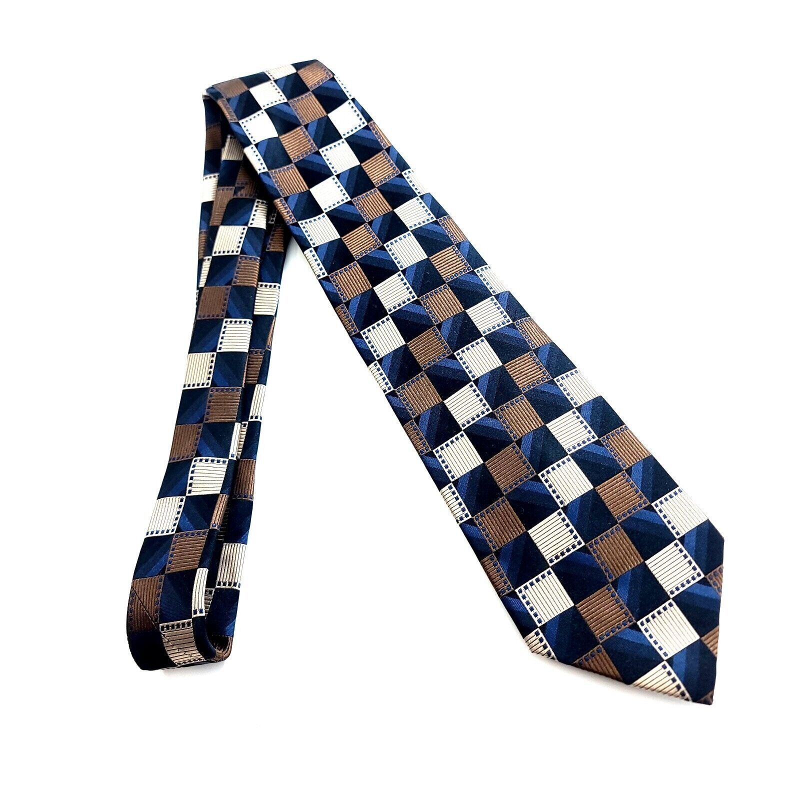 Designer Bocara Woven Blue Brown Cream Woven Geometric Wide Long Silk Size ONE SIZE - 6 Thumbnail