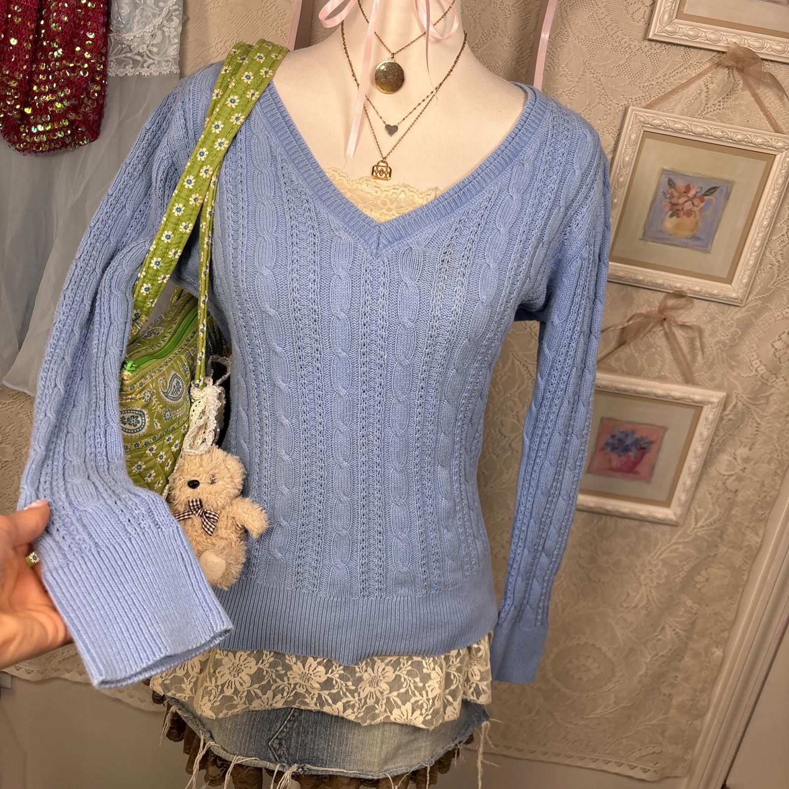 Faded Glory vintage blue cable knit rory gilmore sweater Size L / US 10 / IT 46 - 4 Thumbnail
