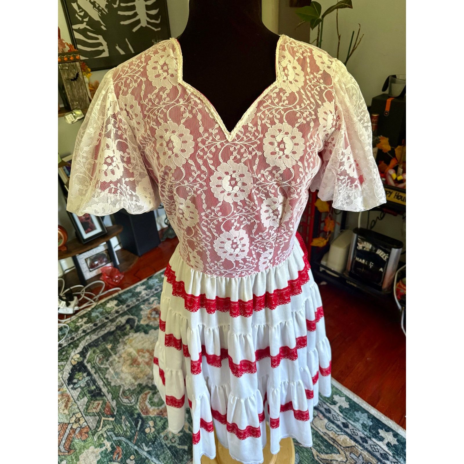 Vintage Vtg Kate Shorer White Red Lace Square Dancing Dress Medium Size M / US 6-8 / IT 42-44 - 3 Thumbnail