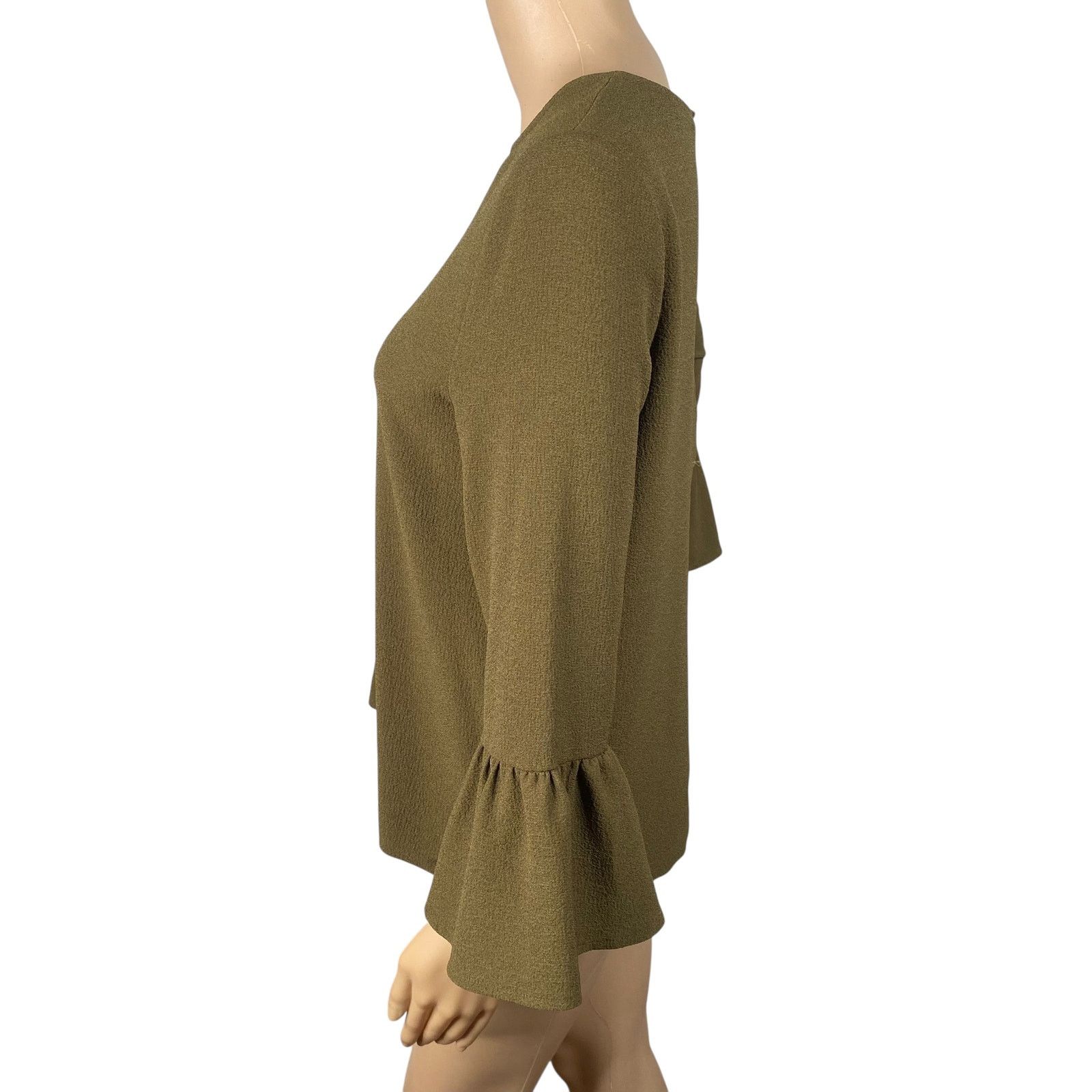 Ganni Ganni Clark Olive Green Crepe Bell Sleeve Crew Neck Top SZ S Size S / US 4 / IT 40 - 6 Thumbnail